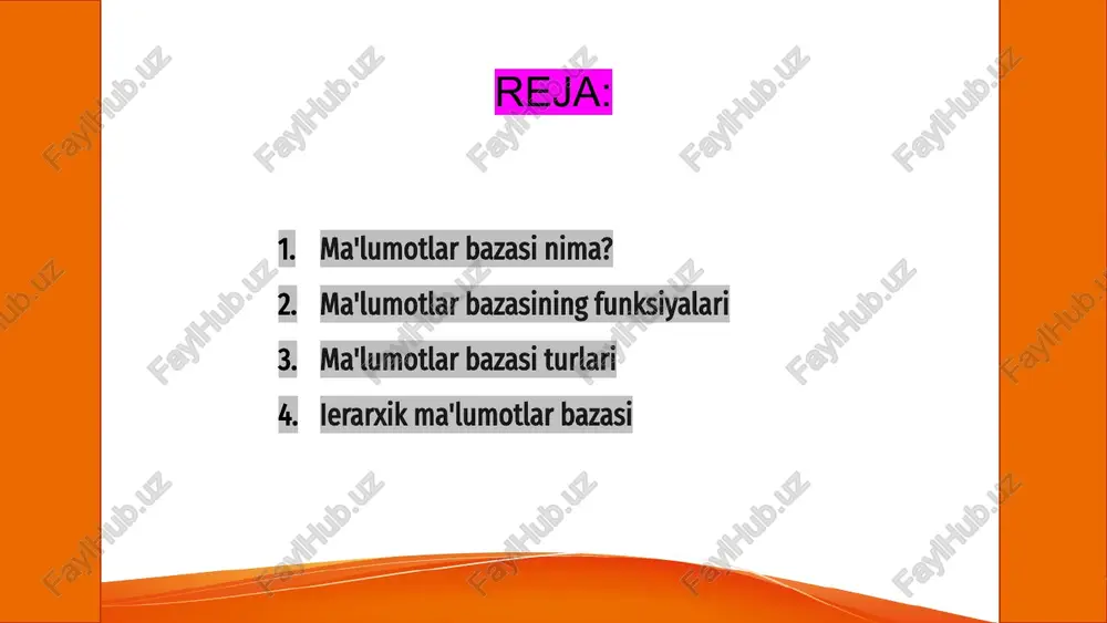 a ma'lumotga ega bo'ladi. bunday tuzilma axborotlar tartiblangan holda saqlanishiga yordam beradi va ma'lumotlarga tezda murojaat qilish imkonini yaratadi, tushunarli shaklda ishlaydi. ierarxik tizimlar banklar, sug'urta kompaniyalari va yirik korxonalarda keng qo'llaniladi, bu joylarda murakkab ma'lumotlar tuzilmalari mavjud bo'ladi doimiy tarzda. 3 1 2 tarmoqli ma'lumotlar bazasi tarmoqli ma'lumotlar bazasi — ko'p darajali, iyerarxik munosabatlarni aks ettiruvchi model bo'lib, murakkab bog'liqlikni tizimli ko'rinishda saqlash imkonini beradi. bu modelda yozuvlar tugunlar va ularning o'zaro aloqalari bog'lanishlar orqali ifodalanadi, har bir element bir nechta ota tugunga ega bo'lishi mumkin. tarmoqli tuzilma ishlab chiqarish, logistika yoki geografik axborot tizimlarida samarali bo'lib, katta hajmdagi o'zaro bog'langan ma'lumotlarni boshqarishda qo'llaniladi. 3 1 2 relatsion ma'lumotlar bazasi ma'lumotlar bazasi - bu ma'lumotlarni tizimli saqlash va boshqarish tizimidir. ular axborotni tezkor izlash va boshqarishga yordam beradi. relatsion ma'lumotlar bazasi - bu jadval ko‘rinishidagi tuzilmani asos qilgan ma'lumotlar bazasidir. unda ma'lumotlar satr va ustun sifatida ko'rsatiladi. ushbu turdagi …