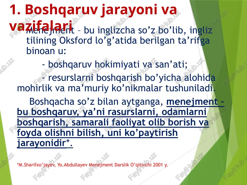 hish uchun shakllantirish va foydalanish bo‘yicha uzluksiz, izchil bajariladigan, o‘zaro bog‘langan harakatlari majmuasidir. bu harakatlarni boshqaruv vazifalari deb ataydilar. boshqaruv vazifalari - boshqaruv faoliyatining nisbatan mustaqil, ixtisoslashtirilgan va ajratilgan turlaridir. 2. boshqaruv funksiyalari (vazifalari) boshqarish jarayonida quyidagi asosiy funksiyalar amalga oshiriladi: rejalashtirish, tashkil qilish, muofiqlashtirish, motivlashtirish va nazorat. boshqarish funksiyalari rejalashtirish tashkil qilish motivlashtirish nazorat qilish muvofiqlashtirish rejalashtirish rejalashtirish tashkilotning maqsadi qanday bo‘lishi, bu maqsadga erishish uchun uning a’zolari nima qilishini belgilashni ko‘zda tutadi. reja – tashkilotning kelajakdagi holatining murakkab ijtimoiy-iqtisodiy modelini tasvirlaydi. maqsad maqsad — bu yakuniy holat yoki mehnat jamoasi intilayotgan natijadir. tashkilot maqsadi - tashkilotni muvaffaqiyatga erishish vositasidir. tashkilot doimo mehnat jamoasining barcha a’zolari erishishga intilayotgan bir umumiy maqsadga ega lozim. bir necha o‘zaro bog‘liq maqsadlarga ega bo‘lgan tashkilot — mukammal tashkilot deyiladi. tashkil qilish tashkil qilish funksiyasi boshqaruv obyekti doirasida barcha boshqariluvchi va boshqaruvchi jarayonlarning uyushqoqligini ta’minlaydi. motivatsiya motivlashtirish — ruhiy omil bo‘lib, kishilar harakatiga maqsad …