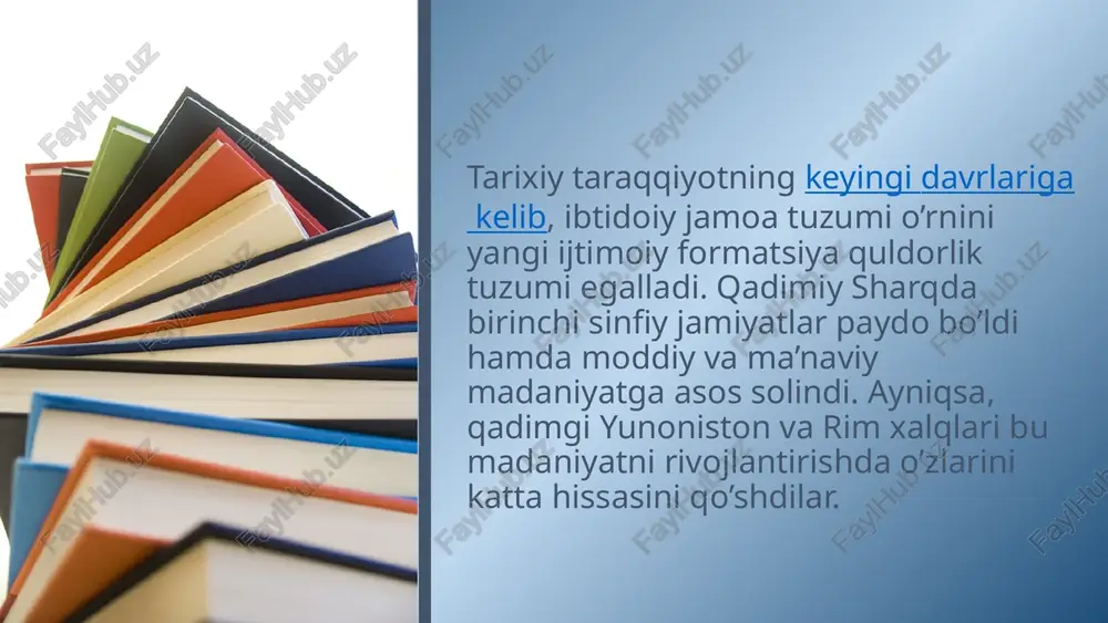 elib, sparta usulidagi tarbiya va afina usulidagi tarbiya deb ataladigan bo’ldi. ammo ikkala davlatda ham quldorlik tuzumi hukmron edi. yunonistonda qullarni «gapiradigan ish quroli» deb hisoblar edilar. qullar oddiy insoniy huquqlardan ham mahrum edilar. 4 afinada ta`lim afinada bolalar 7 yoshga yetguncha uyda tarbiyalanar, o’g’il bolalar 7 yoshdan boshlab maktabga qatnar, qizlar esa oilada ona ko’magida uy-ro’zg’or ishlariga o’rgatilar edi. afinada xotin-qizlarning hayoti uy doirasidan chiqmas, asosan ichkarida o’tar edi. afinada bolalar dastlab 7 yoshdan 13—14 yoshgacha «grammatist» (savod o’rgatish ma’nosida), «kifarist» (grekcha musiqa o’qituvchisi ma’nosida) maktablarda tahsil olganlar. bu maktablar xususiy bo’lib, o’qish pullik edi. shuning uchun fuqarolarning bolalari bu maktablarda ta’lim ololmas edilar. 5 bu maktablarda «didaskol» deb atalgan o’qituvchilar mashg’ulot olib borar edilar. (men o’qitaman, degan ma’nodagi «didasko» so’zidan keyinroq «didaktika» — ta’lim nazariyasi kelib chiqqan). o’g’il bolalarni maktabga qullardan biri boshlab borar edi, bunday qul pedagog deb atalar edi («pays» - bola, «agogeyn» - yetaklab borish …