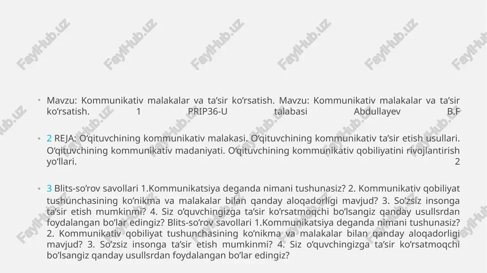 a ko’proq axborotlarni ajarata olish, ularga e’tiborni qaratish, yuzaga kelayotgan vaziyatning ijtimoiy va psixologik mohiyatini to’g’ri idrok etish va baholash). o.o.kashenkoning fikricha,…. ning tarkibiy qismi sifatida aks ettirilsa ham mustaqil kategoriya sifatida ishlatilmaydi o’z-o’zini boshqarish, biroq o’z-o’zini anglashning shakllanishi va rivojlanishi o’z-o’zini tahlil etish asosida amalga oshishini esda tutish zarur. o’z-o’zini tahlil etish falsafa, o’z-o’zini bilish psixologiyada o’z-o’zini anglash, o’z-o’zini baholash 6 7 r:2. o’qituvchining kommunikativ ta’sir etish usullari o’z-o’zini tahlil etish usullari quyidagilarga e’tibor qaratishni talab etadi: 1)ijtimoiylikka yo’naltirilgan o’zaro harakat vaziyatlaridan shaxsiy xulq-atvor, tarbiyalanuvchi shaxsi, uning o’ziga xosliklari, qadriyatlari tizimi kabilarni ob’ekt sifatida ko’rib chiqish; 2)o’z xulq-atvori, shaxsiy fazilatlarini tahlil etish mezonlari tizimini aniqlash 3) noma’lumdan ma’lumni ajratib olish; 4)qarama-qarshiliklarni aniqlash. xulosa qilib aytganda, o’z-o’zini tahlil etish va o’z-o’zini anglash pedagogda o’zi va boshqalarning u haqidagi tasavvuri sifatidagi kasbiy “men qiyofasi”ning shakllanishiga olib keladi. 8 9 o‘quvchilarda soxta ishonch hosil bo‘lishining sabablari quyidagilar bo‘lishi mumkin: 1. faqat a’lo …