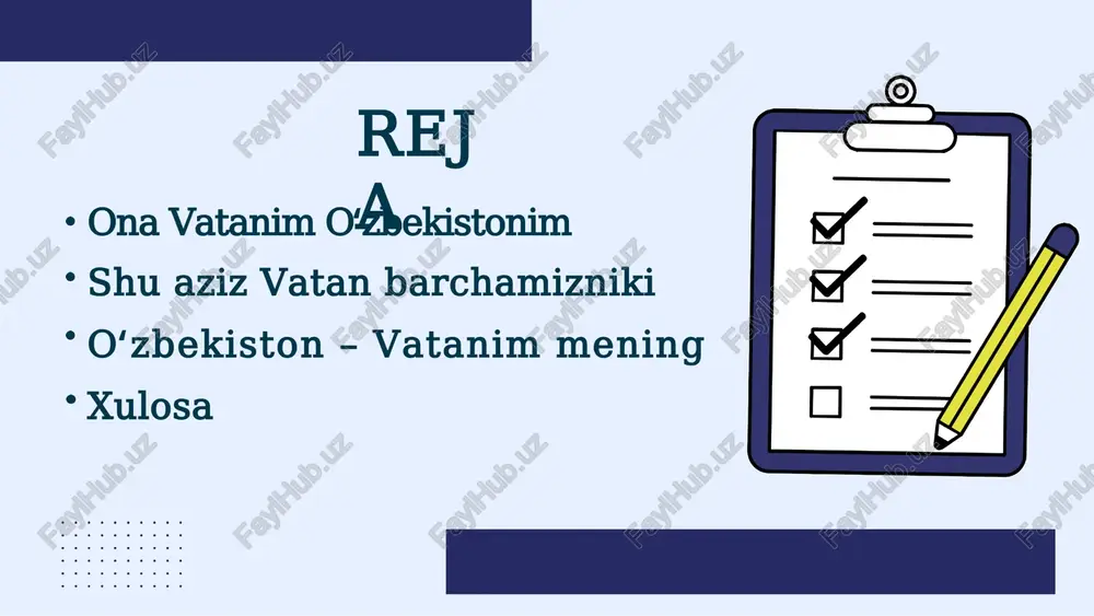 ezgu va ulugʻ maqsadlari sari mardonavor odimlab borayotgan, oʻz kuch va salohiyatiga tayanib demokratik davlat va fuqarolik jamiyati qurish yoʻlida ulkan natijalarga erishayotgan va bu natijalar asosida jahon hamjamiyatida oʻzining munosib oʻrnini egallab borayotgan mustaqil oʻzbekiston diyorida yashab kelmoqdamiz. bizning ozod, erkin va farovon hayot barpo etish yoʻlida erishayotgan yutuqlarimizni dunyoning har bir nuqtasidagi odamlar xavas koʻzi bilan qarashmoqda. avvalambor mana shunday yorugʻ zamonlarda dasturxoni toʻkin-sochin, nuroniylari tetik, yoshlari isteʼdodli, kelajagi porloq va vatan himoyachilari bor mana shunday jannatmakon yurtda yashayotganimizga yaratganga behisob shukurlar aytishimiz darkor. inson uchun har bir yangi kunni xotirjam kutib olishidan ortiq neʼmat boʻlmasa kerak. shukrki, yurtimiz tinch, osmonimiz musaffo. yoshlarimiz baxtini, erishayotgan muvaffaqiyatlarini koʻrganda har bir inson benihoyat quvonchdan sevinadi. ayniqsa, oxirgi yillarda amalga oshirilayotgan ishlar avvalo xalqimiz farovonligi uchun xizmat qilayotganini bugun barchamiz oʻz hayotimiz misolida koʻrib turibmiz. hammamizga maʼlumki, bugungi kunda mamlakatimizda bir yuz oʻttizdan ortiq millat va elat vakillari yagona va ahil …