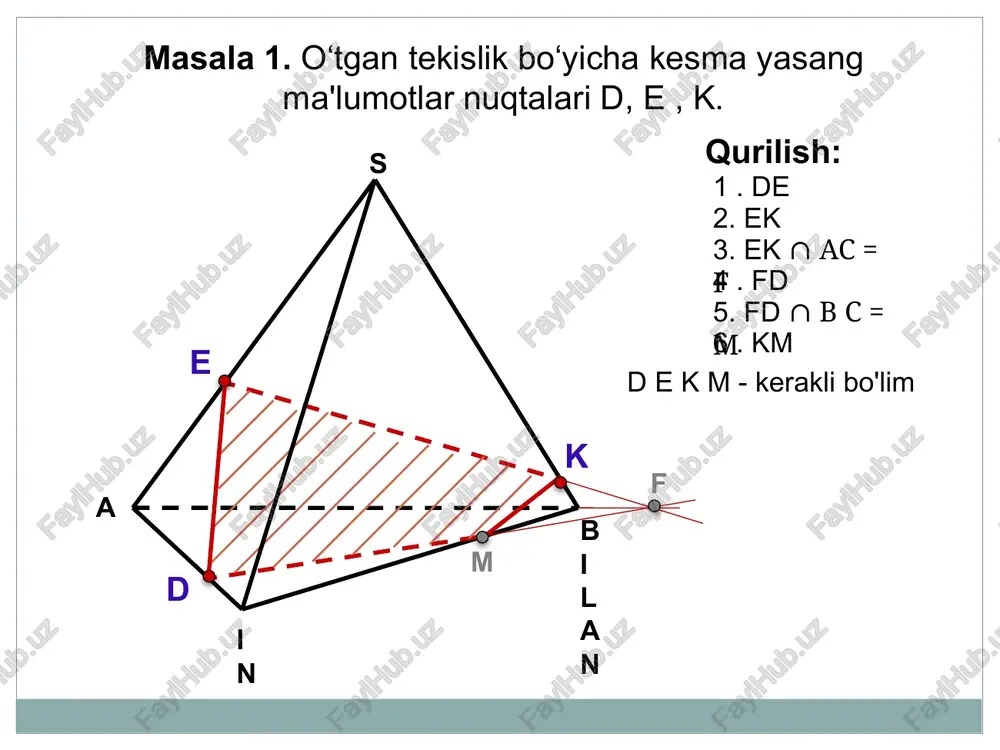ab nuqtalaridan o'tuvchi tekislik bilan kesma tuzing. n t m qurilish: 1. m t sharhlar: bu nuqtalar turli yuzlarga tegishli! orqaga a d 1 da in bilan a 1 c 1 d 1 vazifa 4. h, m, t nuqtalardan o'tuvchi tekislik bilan kesma tuzing. n t m qurilish: 1. nt 2. nt ∩ d c = e 2. nt ∩ b c = e to'g'ri variantni tanlang: a d 1 da in bilan a 1 c 1 d 1 vazifa 4. h, m, t nuqtalardan o'tuvchi tekislik bilan kesma tuzing. n t m qurilish: 1. nt 2. nt ∩ bc = e orqaga sharhlar: bu chiziqlar kesishadi! ular kesisha olmaydi! a d 1 da in bilan a 1 c 1 d 1 vazifa 4. h, m, t nuqtalardan o'tuvchi tekislik bilan kesma tuzing. n t m qurilish: 1. nt 2. nt ∩ d c = e e 3 . me …