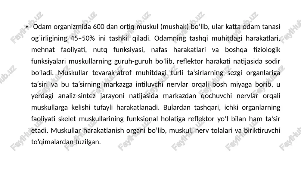 b ataladi. fassiya alohida muskulni, bir qancha muskulni yoki muskullarning hammasini o’rab turishi mumkin. fassiya bilan paylar (bog’lag’ichlar) orasida harakatni yengillashtiradigan sinoviy suyuqligi bor. muskullar uzun, kalta, keng va yumaloq bo’lishi mumkin. uzun muskullar ko’proq qo’l-oyoqlarda uchrab, keng qulochli harakatlarda qatnashadi. kalta muskullar harakat qulochi kam bo’lgan qismlarda uchraydi qo'l mushaklari elka kamari va elka mushaklari elka kamari mushaklari m. deltoideus m. teres major, m. subscapularis m. infraspinatus, m. teres minor, elka kamari va elka mushaklari elkaning oldingi guruh mushaklari m. coracobrachialis m.brachialis m. biceps brachii elkaning oldingi guruh mushaklari elkaning oldingi guruh mushaklari elkaning orqa guruh mushaklari m. triceps brachii m. anconeus m. triceps brachii m. anconeus m. triceps brachii m. anconeus m. triceps brachii m. anconeus bilakning oldingi guruh mushaklari bilakning oldingi guruh mushaklari 6 ta bukuvchi 2 ta pronator bilakning oldingi guruh mushaklari 1- qavat bilakning oldingi guruh mushaklari 2-qavat bilakning oldingi guruh mushaklari 3-qavat bilakning oldingi …