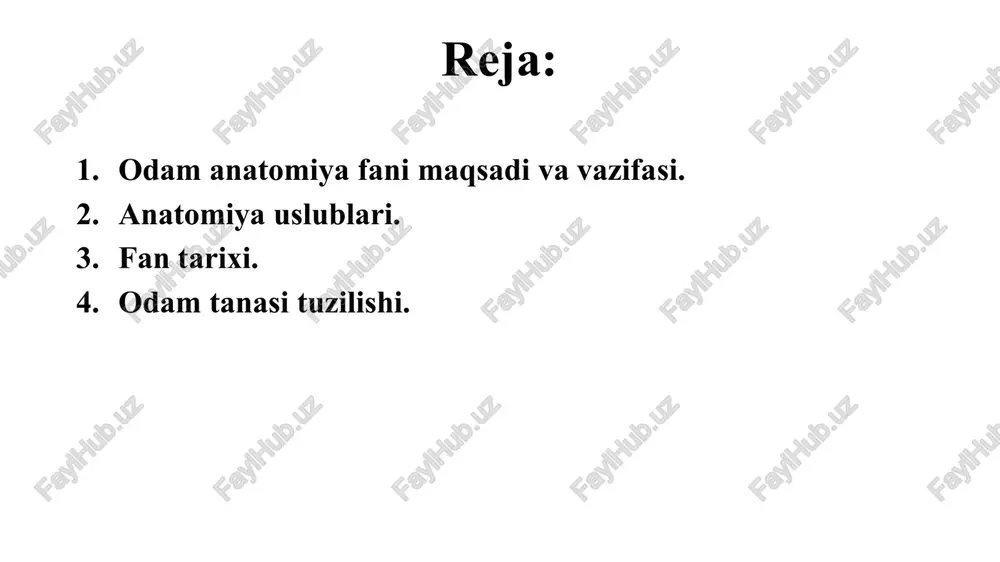 ning ichiga yuborilgan bo‘lsa, o‘sha bo‘shliqning shaklini saqlab qoladi. rengentologik tekshirish usullari. bu usullardan asosiylari rengenos-kopiya /a'zolarni rengen nurlari bilan yoritib, tasvirini maxsus ekranga tushurish/ va rengenografiya /a'zolarni rengen nurlari bilan yoritib, tasvirini maxsus plenkaga tushurish, ya'ni rasmni olish/ dan iborat. anatomiya fanining asosiy tarmoqlari. odam organizmining alohida a‘zolar yoki a‘zolar tizimini tuzilishini oddiy ko‘z bilan makroskopik anatomiya (macros- grekcha katta) o‘rganadi. mikroskopik anatomiya (micros-grekcha kichik) a‘zolarning nozik tuzilishini, tarkibiy elimentlarini mikroskop yordamida o‘rganadi. sistematik anatomiya odam organizmini tizimlarga bo‘lib (suyak, muskul, ovqat hazm qilish a‘zolari va boshqalar) o‘rganadi, shuning uchun uni mu‘tadil anatomiya ham deb ataladi. patologik anatomiya a‘zo va to‘qimalarning turli kasalliklardagi o‘zgarishini o‘rganadi. yoshga doir anatomiya organizmni tug‘ilganidan boshlab, to hayotining oxirigacha bo‘lgan davrni o‘rganadi. fan tarixi: anatomiya fanining qisqacha tarixi. qadimgi sharq mamlakatlari assuriya, xindiston, misr, vaviloniya, xitoyda murdani yorish man etilgan. uni buzish o‘lim jazosi bilan teng edi. qadimgi yunonistonda anatomiya boshqa fanlar kabi rivojlandi. …