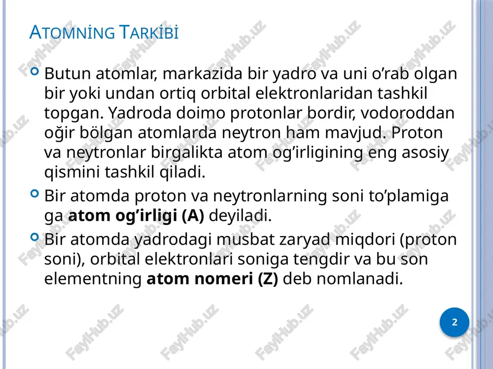 oymaydi, shuning uchun tezligi pasaymaydi. 2. malum bir orbitada harakatlanayotgan elektron yadroga yaqinroq boshqa orbitaga o’tsa energiya yoyadi (emissiyon), yadrodan uzoqlashib bir orbitadan boshqasiga o’tsa energiya yutadi (absorblaydi). 3. orbitadagi bir elektron bilan yadro orasidagi elektrostatik tortish kuchi bilan, elektronga tezligi tufayli tasir qilayotgan markazdan qochish kuchi birbiriga teng bo’lishi shart. 4 elektronning zarracha - to’lqin xarakteri 1924-yilda, de broglie, bu ikki xususiyatni elektronning va boshqa xarakatli jismlarning ham nomoyon qilishini, elektronning bazan zarracha, bazan to’lqin xususiyatini ahamiyatga olish kerakligini aytdi va energiya bilan bog’liq e = hν = hc/λ va e = mc2 werner heisenberg, ‘elektronning joyi qanchalik aniq belgilansa, tezligi shuncha noaniq yoki tezligini belgilashdagi aniqlik ortgan sari joyining nomalumligi ortadi, ikki nomalumlikning ko’paytmasi h/4π’ga teng yoki undan ham kattaroq’ deb o’zismi bilan atalgan prinsipni ifodalaydi (1925y). ∆x, elektronning joyini aniqlashdagi nomalumlik, ∆p yoki ∆(mv) bilan beriladi. 5 kvant modeli va schrödinger to’lqin tenglamasi 1926-yilda, erwing schrödinger, nomalumlik …