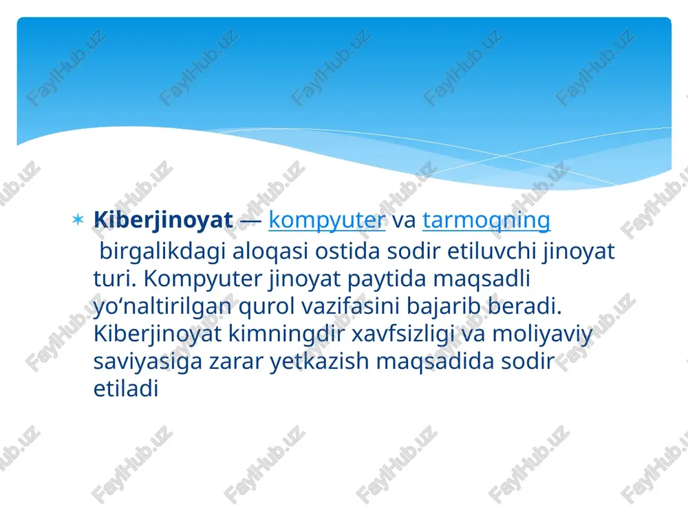 otishga olib keladigan biror narsa qilish yoki qilmaslikka imkon berish uchun haqiqatni har qanday notoʻgʻri koʻrsatish. shu nuqtai nazardan, firibgarlik quyidagi yoʻllar bilan foyda olishga olib keladi: ruxsatsiz tarzda oʻzgartirish. bu kichik texnik tajribani talab qiladi va xodimlar tomonidan maʼlumotlarni kiritish yoki notoʻgʻri maʼlumotlarni kiritishdan oldin maʼlumotlarni oʻzgartirish yoki ruxsatsiz koʻrsatmalar kiritish yoki ruxsat etilmagan jarayonlardan foydalanish orqali oʻgʻirlashning keng tarqalgan shaklidir; odatda ruxsatsiz tranzaktsiyalarni yashirish uchun chiqishni oʻzgartirish, yoʻq qilish, bostirish yoki oʻgʻirlash. buni aniqlash qiyin; saqlangan maʼlumotlarni oʻzgartirish yoki oʻchirish. boshqa firibgarlik shakllari kompyuter tizimlari yordamida osonlashtirilishi mumkin, jumladan bank firibgarligi, karding, shaxsni oʻgʻirlash, tovlamachilik va maxfiy maʼlumotlarni oʻgʻirlash. ushbu turdagi jinoyatlar koʻpincha shaxsiy maʼlumotlar yoki pul maʼlumotlarining yoʻqolishiga olib keladi. kiberterrorchilik kiberterrorchi — bu hukumat yoki tashkilotni kompyuterlar, tarmoqlar yoki ularda saqlangan maʼlumotlarga qarshi kompyuter hujumi uyushtirish orqali oʻzining siyosiy yoki ijtimoiy maqsadlariga erishish uchun qoʻrqitadigan yoki majburlaydigan shaxs. kiber tovlamachilik kiber tovlamachilik veb-sayt, elektron pochta serveri …