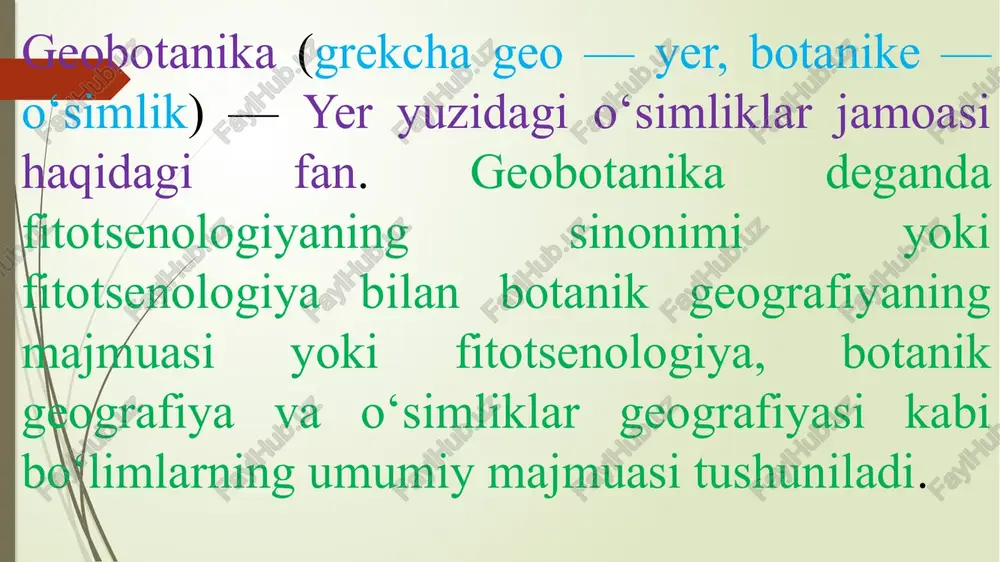 ing tuproq qatlami, tuprohining tuzilishi, tarkibi, o‘simliklar qoplamini, hattoki yer osti suvlari holatini aniqlashda ham geobotanik ishlar asos bo‘lib xizmat qiladi. geobotanika fan sifatida xviii asr oxiri xix asr boshlarida rivojlana boshladi. bu fanning rivojlanish tarixi o‘simliklar geografiyasi hamda ekologiyasi bilan chambarchas boglangan. “o‘simliklar geografiyasi” fani a.gumboldtning 1805 yilda nashr etilgai “idei geografii rasteniy” (o‘simliklar geografiyasi to‘grisida g‘oyalar) asarida to‘liq berilgan. shu bilan birga, asarda geobotanikaga oid fikrlar ham bayon etilgan edi. xix asr boshlarida g‘arbiy yevropaning o‘simliklar qoplamini geografik yo‘nalishda o‘rganish ishlari boshlandi. akademik frans ivanovich ruprext (1833-1878) va uning hamkasbi kiev universiteti professori ilya grigoryevich borshov (1814-1870) 1857-1858 yillarda orol dengizi qirg‘oqlariga va sirdaryo havzasiga ekspeditsiya tashkil qiladi. ushbu ekspeditsiyadan maqsad orol bo‘yi o‘simliklari qoplamini o‘rganish bo‘lgan. ushbu ekspeditsiyaning tashkilotchisi ruprext edi. borshov ushbu ekspeditsiyada yig‘ilgan materiallar asosida 1865 yil “materiali dlya botanicheskoy geografii aralo-kaspiyskogo kraya” nomli yirik asarini nashr etirdi. ushbu asar geobotanika yo‘nalishdagi dastlabki ishlardan bo‘lsada, …