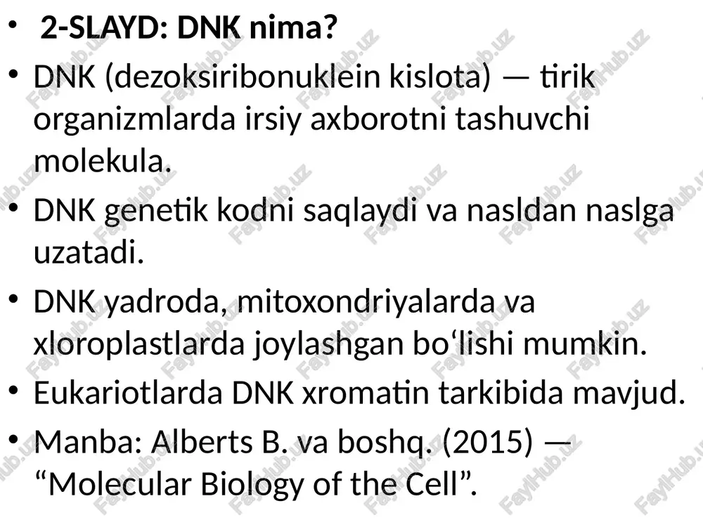 ookshelves/microbiology/microbiology_%28kaiser%29/unit_7%3a_microbial_genetics_and_microbial_metabolism/19%3a_review_of_molecular_genetics/19.3%3a_deoxyribonucleic_acid_%28dna%29 5-slayd: dnk molekulasining umumiy xususiyatlari. dnk ikki spiral shakliga ega. zanjirlar antiparallel joylashgan. azotli asoslar ichki qismda, fosfat–saxaroza skeleti esa tashqi qismda joylashadi. dnk barqarorligi vodorod bog‘lari va asoslararo ta’sirlar bilan ta’minlanadi. dnk hujayra bo‘linishida replikasiya qiladi. 📚 manba: watson & crick (1953); alberts b. va boshq. (2015). 5-rasm: dnkning kimyoviy tuzilishi. bir deoksiribonukleotidning fosfati boshqasining dezoksiribozasining 3' uglerodiga bog'lanib, dnkning shakar-fosfat magistralini ("narvon" ning yon tomonlari) hosil qiladi. komplementar nukleotid asoslari (adenin-timin; guanin-sitozin) orasidagi vodorod bog'lari pog'onalarni hosil qiladi. dnkning antiparallel xususiyatiga e'tibor bering. bir ip 5' fosfat bilan, ikkinchisi 3' gidroksil bilan tugaydi. 6-rasm. hujayra bo'linishi https://zoolibs.com/cell-cycle-and-cell-division/?srsltid=afmboopkhyx4xgahe4befurar8qcmh3n--oaqfxlk7u6mgidsjhtnhqn 7-rasm: dnk replikatsiyasi va u bilan bog'liq bo'lgan turli fermentlar. 6-slayd: dnkning biologik ahamiyati. genetik axborotni saqlaydi. nasldan naslga uzatadi. replikasiya orqali nusxa olinadi. transkripsiya orqali rnkga axborot ko‘chiriladi. genetik barqarorlikni ta’minlaydi. 📚 manba: berg j.m. va boshq. (2015). biochemistry. 7-slayd: savollar. 1. dnk molekulasi qanday qismlardan tashkil topgan? 2. …