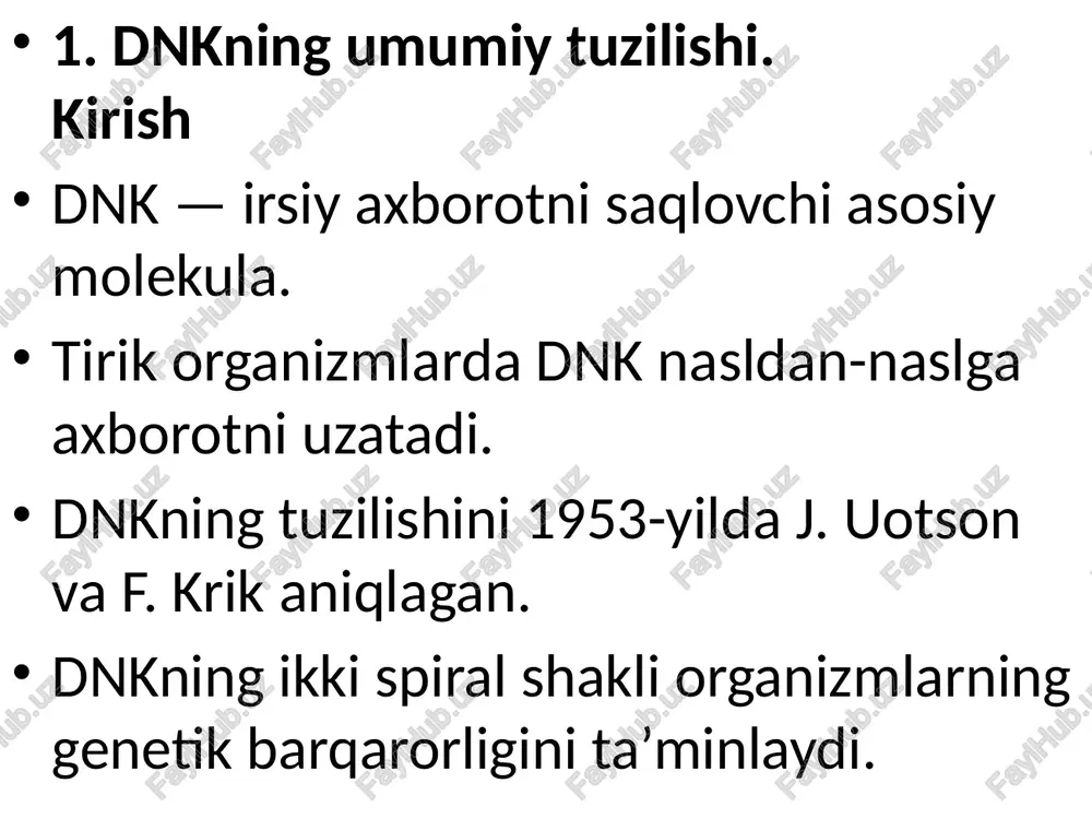 lar biology of the cell. 6th ed. 3. lodish h. et al. (2016). molecular cell biology. 8th ed. 4. n. jo‘rayev va boshqalar. molekulyar biologiya. toshkent, 2020. 2. dnkning fazoviy (konformatsion) xillari: a-, b-, z-dnklar 2-slayd. kirish dnk faqat bitta shaklga ega emas. fizik-kimyoviy sharoitga (namlik, tuz, ion kuchi) qarab turli shakllar hosil qiladi. eng yaxshi o‘rganilgan shakllar: 🧬 a-dnk 🧬 b-dnk 🧬 z-dnk 3-slayd. b-dnk — asosiy shakl biologik sharoitda eng ko‘p uchraydi. spiral yo‘nalishi: o‘ngga burilgan. namlik yuqori (≥92%). har bir spiral o‘ramida 10 juft nukleotid. diametri: 2,0 nm; o‘ram uzunligi: 3,4 nm. a–t (2 bog‘), g–c (3 bog‘) komplementar juftlashgan. replikatsiya va transkripsiya shu shaklda kechadi. asosiy truba→ b-dnk tuzilishining asosiy fizik xususiyatlari kichik truba→ 3-slayd. a-dnk — suv kam bo‘lganda namlik past bo‘lganda shakllanadi (≤75%). spiral yo‘nalishi: o‘ngga burilgan. har bir o‘ramda 11 juft nukleotid. diametri: 2,3 nm. asosiy yiv tor, kichik yiv keng. nukleotidlar biroz …