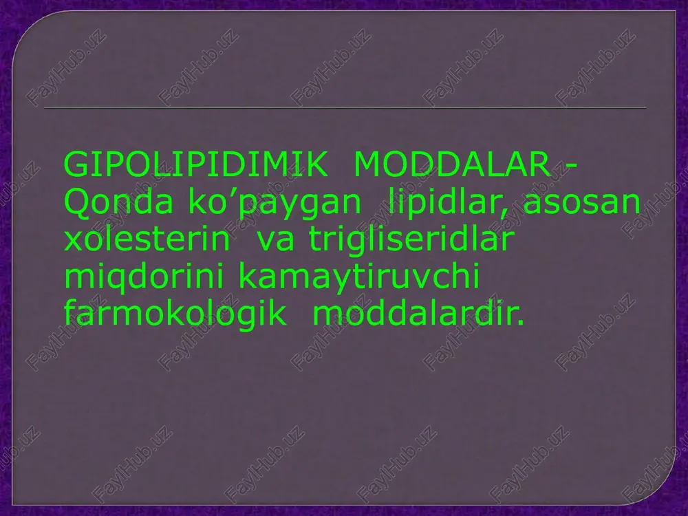 higa qarshilik qiluvchi dorilar: klofibrat ( miskleron, atromidin)- eng samarali va havfsiz dori. giperlipoproteidemiyaning 1 turidan tashqari hamma turlarida, ayniqsa 111 turida yahshi natija beradi. u yog’ to’qimasidan erkin yog’ kislotalarini ko’chishini to’htatadi, ularning jigarda ushlanib qolishini kamaytiradi. jigar va buyrak kasalliklarida , homiladorlikda qo’llanilmaydi. setamifen-o’rtacha gipoxolesterinemik ta’sirga ega, gipofizning tireotrop faoliyatini kuchaytiradi, jigarning o’t ajratish funksiyasini oshiradi. ateroskleroz va giperxolesterinemiya bilan kechadigan xafaqon, surunkali yurak toj tomirining etishmovchiligida qo’llaniladi. kuniga 3-4 mahal0,25-0,5 g dan ovqatdan 15 daqiqadan so’ng ichish uchun. essensial-forte- jigarning yog’li distrofiyasida, o’tkir va surunkali gepatitlarda , yurak kasalliklari natijasida kelib chiqadigan jigar fibrozida ishlatiladi. lipostabil- yog’ almashinuvi buzilishlari korrektori sifatida ishlatiladi. polisponin-xolesterin so’rilishini kamaytiradi. 0,1-0,2 ovqatdan keyin 2-3 marta ichiladi. tribusponin- temirtikan o’simligi steroid glikozidlari yig’indisidan iborat. 0,1g dan kuniga 3 marta ovqatdan oldin beriladi. dupsakozid- jigarda lipidlar metabolizmini yahshilaydi, xolesterinni o’t kislotalari ko’rinishida chiqib ketishini tezlashtiradi. jigarda bilirubinning kon’yugasiyalanish jarayonini yahshilaydi. kukun va tabletka holiday …