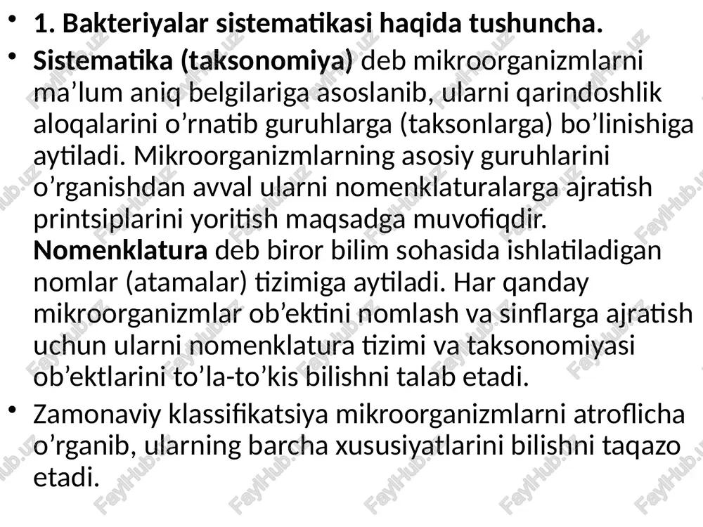 ing o’ziga xos tomonlari va energiya olish uslublari; 7. energiya olishi; 8. o’zi yashab turgan tashqi muhitni qanday qilib o’zgartirishi va tashqi muhit uning yashashiga qanday qilib ta’sir etishi hamda uning hayot faoliyatini saqlab qolishi. mikrorganizmning yuqorida aytib o’tilgan 8 ta asosiy xususiyatlarini bilish nafaqat nomenklaturasini va taksonomiyasini o’rganishda ahamiyatga ega bo’libgina qolmasdan, uning qarindoshligi bo’yicha katta amaliy ahamiyati ham bor. 1) mikroorganizm nuklein kislotasining nukleotid tarkibi, purin va pirimidin asoslarining bir-birlariga bo’lgan nisbati o’rganiladi va shu asosda ikki guruh mikroorganizmlar farqlari aniqlanadi. 2) ikki guruhga mansub mikroorganizm nuklein kislotalarini bir – birlari bilan gibridlab, ular orasidagi nukleotidlar gomologiyasi (o’xshashligi) o’rganiladi. agar, nuklein kislota tarkibi 80 - 90% gacha gomologiyaga (o’xshashligiga) ega bo’lsa, o’rganilayotgan mikroorganizmlar yaqin "qarindosh", gomologligi 50% dan kam bo’lsa, mikroorganizmlar uzoq "qarindosh" hisoblanadi. mikroorganizm xususiyatlari aniq o’rganilgandan so’ng, unga k.linney (1-rasm) taklif qilgan binominal nomenklatura talabi kabi, ikki lotin atamasidan tashkil topgan ilmiy nom beriladi. birinchi atama …
