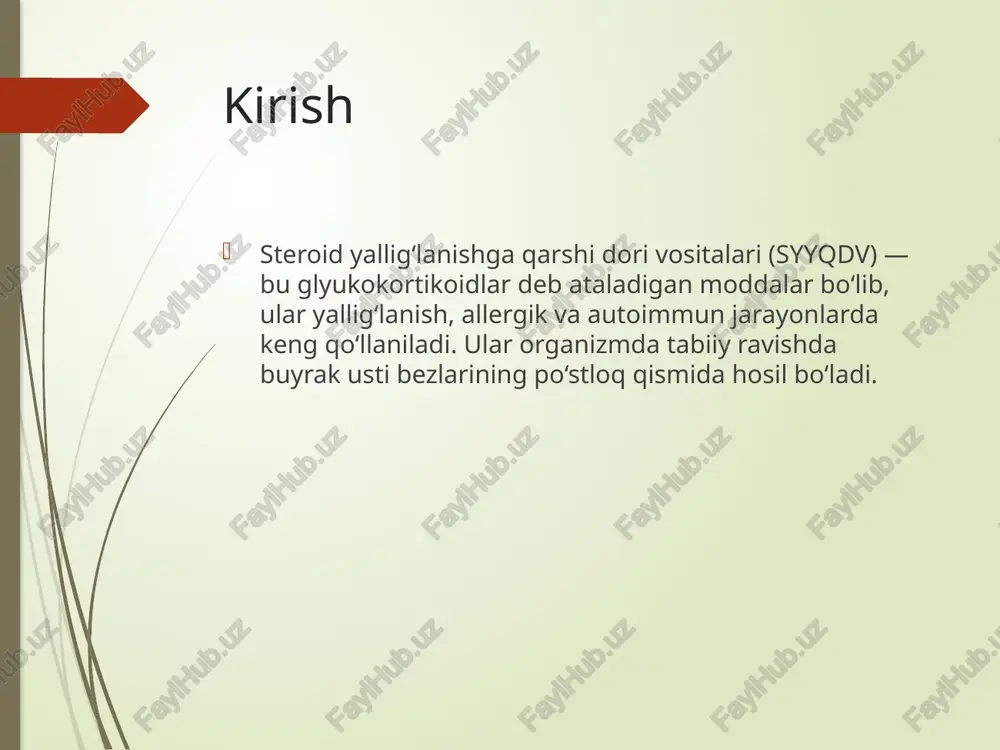 tish gormonal buzilish keltirib chiqaradi. xulosa steroid yallig‘lanishga qarshi dorilar kuchli terapevtik ta’sirga ega, ammo ularni ehtiyotkorlik bilan va tibbiy nazorat ostida qo‘llash zarur. ular yallig‘lanish jarayonlarini samarali to‘xtatadi, biroq uzoq muddatli qo‘llanish jiddiy asoratlar keltirib chiqarishi mumkin. foydalanilgan adabiyotlar 1. farmakologiya darsligi, tibbiyot nashriyoti, toshkent, 2023. 2. goodman & gilman. the pharmacological basis of therapeutics. 2022. 3. rang va deil. farmakologiya asoslari. 2021. /docprops/thumbnail.jpeg