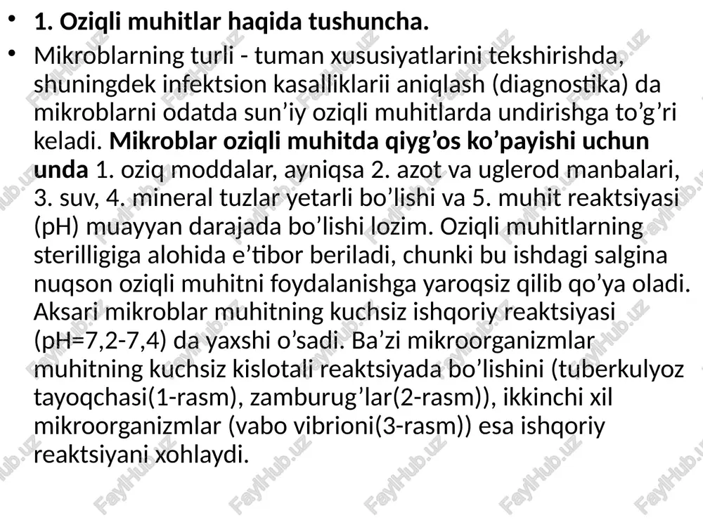 urug’lar muhitning kuchsiz kislotali reaktsiyada bo’lishini xoxlaydi. 3-rasm. vabo vibrioni ishqoriy reaktsiyani xohlaydi. tabiiy va sun’iy oziqli muhitlar. tabiiy oziqli muhitlar sifatida sut, o’t-safro, kartoshka, sabzi, qon zardobi, tuxum va shunga o’xshashlar ishlatiladi (4-rasm). sun’iy oziqli muhitlar asosan go’sht yoki o’simlik damlamasidan tayyorlanib, unga har xil azotli mahsulotlar, uglevodlar va tuzlar qo’shiladi. sintetik oziqli muhitlar ham bor, bular o’zidagi organik va anorganik moddalar (tuzlar, uglevodlar, aminokislotalar va hokazo) ning aniq tarkibi bilan farq qiladi. mikrobiologiya amaliyotida suyuq va zich sun’iy oziqli muhitlar ko’proq qo’llaniladi. zich oziqli muhitlar tayyorlash uchun suyuq oziqli muhitlarga yelimsimon moddalardan jelatina yoki agar - agar qo’shiladi. o’t-safro suyuqligi sigir suti kartoshka sabzi qon zardobi plazma tuxum 4-rasm. tabiiy oziqli muhitlar. oziqli muhitlar tarkibi jihatidan quyidagi guruhlarga bo’linadi: 1) oddiy, yoki universal oziqli muhitlar (go’sht-pepton buloni, go’sht-pepton agari, pepton suvi va shunga o’xshash) da aksari mikroblar undiriladi; 2) murakkab oziqli muhitlar (qonli agar, glitserinli bulon va shunga …