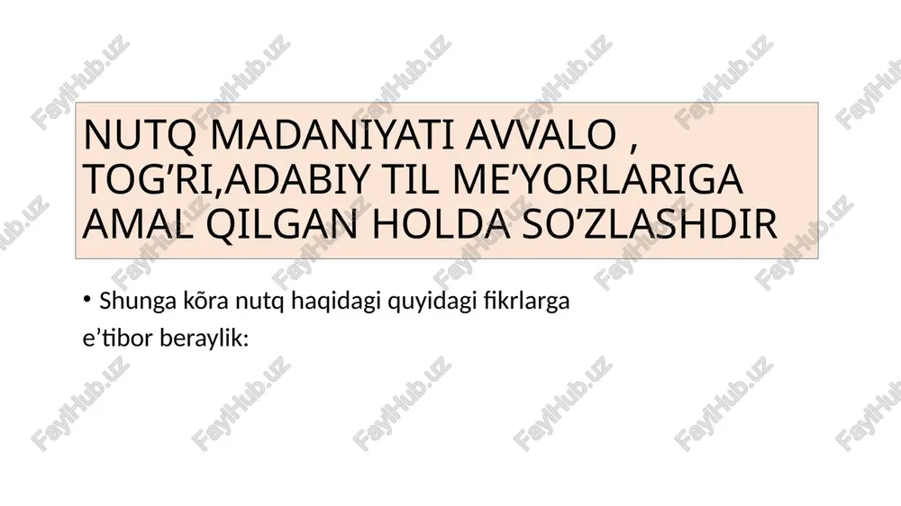 gi •bunda nutq adabiy til normasiga mos kelishi, ğayriadabiy til unsurlaridan ( dialektizmlar, varvarizmlar, kanselyarizmlar, parazit sõzlar , vulgarizmlar …)holi bõlishi kerak. nutqning aniqligi •”nutq-voqelik” va “nutq –tafakkur” munosabati asosida belgilanadi. aniqlik- bu sõzning òzi ifodalayotgan voqelikka mutlaqo mos kelishidir. bunda luğaviy birliklarni tanlashga alohida ahamiyat berish kerak. nutqning ta’sirchanligi •notiqning mavzu doirasida yetarli bilimga ega bõlmasligi nutqning ta’sirchan bõlishiga tõsiq bõladi. tinglovchining bilim darajasi, yoshi, hattoki kayfiyatini e’tiborga olish zarur. sõzlovchining õz nutqiga munosabati ham muhim. õta rasmiyatchilikdan qochish, hayotiy misollarga ham murojaat qilish nutqning ta’sirchan bõlishida alohida ahamiyatga ega. nutqning ifodaliligi • nutqning bu xususiyati uning ta’sirchanligi va samaradorligini oshiruvchi vositadir. nutqning maqsadga muvofiqligi •nutqning bu xususiyati fikrning ijtimoiy asoslari bilan boğliq. bunda mavzu va nutqiy muvofiqlikni taminlash uchun axbirotning mohiyatidan tashqari quyidagilar muvofiqligi muhim sanaladi : nutqiy uslub nutqiy maqsad muvofiqligi, predmet va mazmun, adresat va auditoriya, til vositalari va adabiy norma õrtasidagi muvofiqlik tillaboyeva shaxrizoda nutqning …