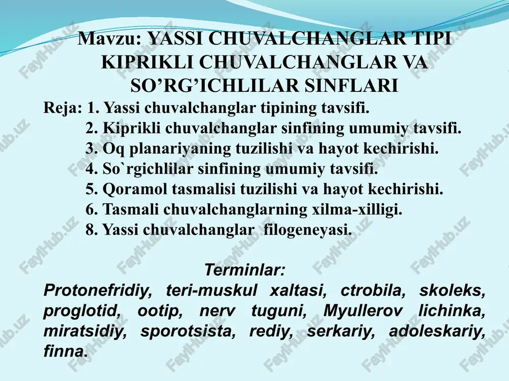 ariya – uzunligi 2-3 sm, bargsimon oqish yoki kulrang tusli hayvon. ko’l va daryolar tubida faol hayot kechiradi. syv tubida tosh, barg va cho’plarning ostida uchratish mumkin. planariya tanasi kengaygan oldingi uchida bir juftdan kalta paypaslagichlari va qoramtir ko’zchalari joylashgan. tanasi bir qavat kiprikli hujayralar bilan qoplangan. bu hujayralar ostida halqa va bo’ylama muskullar ikki qavat bo’lib joylashgan. kiprikli hujayralar va muskul qavatlari teri-muskul xaltasi devorini hosil qiladi. planariya kipriklar yordamida sirpanib harakat qiladi yoki suv yuzasida suzib yuradi. halqa muskullar harakatlanishga, bo’ylama muskullar tanasini egishga imkon beradi. orqadan qorin tomonga tortilgan tik muskullar tanasini yassilanishiga yordam beradi. hazm qilish sistemasi. og’iz teshigi qorin tomoni o`rtasida joylashgan. og’zi qisqa muskulli halqum bilan tutashgan. halqumdan uch shoxli uchi berk ichak boshlanadi. ichak shoxlaridan biri – bosh tomonga, ikkitasi – orqa tomonga yonalgan. har qaysi shox juda ko’p yon shoxchalarni hosil qiladi. og’iz teshigi, halqum va ichaklar ovqat hazm qilish sistemasini hosil …