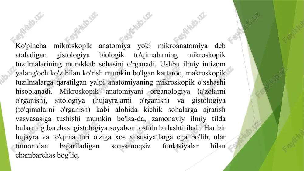 k va fiksatsiya qilingan tuzilmalarni o`rganishga imkon beradi. gistologik preparatlar juda yupqa (5 mikrometrdan 50 mikrometrgacha), tiniq va yorug`lik nurini yaxshi o`tkazishi kerak. gistologik preparat sifatida a’zolarning yupqa kesmalari yoki total (butun) preparat (miyaning yumshoq pardasi), surtma (qon yoki suyak ko`migi surtmasi) qo`llanilishi mumkin. klassik va asosiy tadqiqot usuli a’zo kesmalarining fiksatsiya qilingan va bo`yalgan preparatlari hisoblanadi. gistologik preparatlarni o`rganishning asosiy usuli uni mikroskop ostida ko`rishdir. zamonaviy mikroskoplar hujayra va to`qimalarning nozik tuzilishlarini o`rganishga imkon beradi. preparatlar ko`pincha yorug`lik mikroskopi ostida ko`riladi. elektron mikroskop keng qo`llanilayotgan hozirgi davrda ham yorug`lik mikroskopi o`z ahamiyatini yo`qotgani yo`q. optik sistemalarning hal qilish qobiliyatini oshirish va preparatlarni aniq ko`rish uchun oddiy mikroskoplar takomillashtirildi va yangi mikroskoplar ixtiro qilindi. hozirgi davrda oddiy yorug`lik mikroskopidan tashqari quyidagi mikroskoplar va ularda ko`rish usullari mavjud. gistologiyada asosiy tadqiqot usuli mikroskopiya - gistologik preparatlarni mikroskop ostida o'rganishdir. so'nggi paytlarda mikroskopiya boshqa usullar - gistokimyo va storradiografiya bilan birlashtirildi. mikroskopiya …