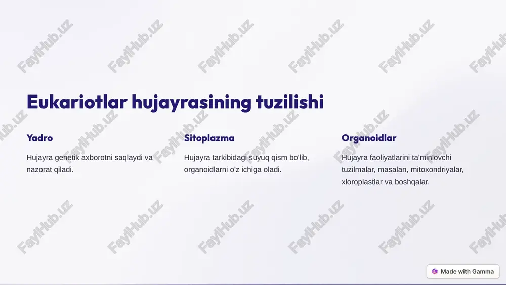 inkasiga joylashadi. 3 anafaza i xromosom juftlari qutblarga tarqaladi. https://gamma.app/?utm_source=made-with-gamma meyoz jarayonining biologik ahamiyati genetik xilma-xillik meyoz jarayoni natijasida genlar qayta kombinatsiyasi yuz beradi, bu turdagi organizmlarning genetik xilma-xilligini ta'minlaydi. organizm rivojlanishi meyoz bo'linishi orqali yangi kombinatsiyalangan hujayralarda organizmlar rivojlanadi. ko'payish qobiliyati meyoz jarayoni natijasida hosil bo'lgan gametalar orqali organizm ko'payish qobiliyatiga ega bo'ladi. https://gamma.app/?utm_source=made-with-gamma organizm kopayish usullari vegetativ ko'payish organizmlar ildiz poyalari, poyalar, tuganak va boshqalar orqali vegetativ organlaridan yangi organizm hosil qiladi. jinsiy ko'payish erkak va urg'ochi jinsiy hujayra (gametalarga) qo'shilishi orqali yangi organizm vujudga keladi. partenogenez urg'ochi jinsiy hujayra (tuxumhujayra) urug'lanmasdan rivojlanib, yangi organizm hosil qiladi. https://gamma.app/?utm_source=made-with-gamma