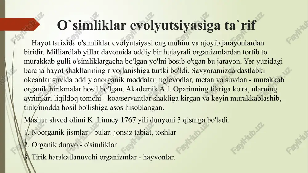 higa yo'l ochadi. bir hujayrali organizmlarning paydo bo'lishi arxey davri (3,8-2,5 milliard yil oldin) arxey davrida birinchi hayot shakllari - prokaryotlar paydo bo'ldi. bu bir hujayrali organizmlar yadrosiz tuzilishga ega bo'lib, ekstremal sharoitlarda yashash qobiliyatiga ega edi. ular issiq manbalar, sho'r ko'llar va boshqa noqulay muhitlarda rivojlandi. termofillar - yuqori haroratga chidamli bakteriyalar halofillar - yuqori tuz konsentratsiyasida yashaydigan organizmlar metanogenlar - metan ishlab chiqaruvchi arxeylar sianobakteriyalar inqilobi 3 milliard yil oldin paydo bo'lgan sianobakteriyalar (ko'kyashil suvo'tlar) hayot tarixidagi eng muhim voqealardan birini amalga oshirdi - fotosintez jarayonini boshladi. bu jarayon orqali ular yorug'lik energiyasini kimyoviy energiyaga aylantirish va atmosferaga kislorod chiqarish qobiliyatiga ega bo'ldi. fotosintez jarayoni shunchaki energiya ishlab chiqarish emas, balki butun yer atmosferasini o'zgartirgan va hayotning keyingi rivojlanishi uchun asos yaratgan global hodisa edi. sianobakteriyalar tomonidan ishlab chiqarilgan kislorod "buyuk oksigenlanish hodisasi"ga olib keldi va bu yer tarixidagi eng katta ekologik inqilob hisoblanadi. bu jarayon natijasida anaerob …