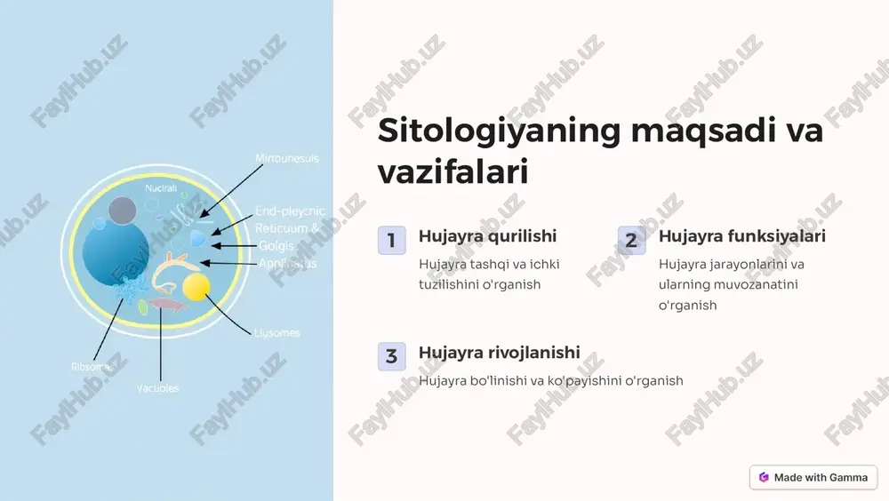 eksiyalarining belgilari va oqibatlari 1 qizarish virus infeksiyalari asosan qizarish, shish, og'riq kabi belgilar bilan namoyon bo'ladi 2 yallig'lanish yallig'lanish va immunitet tizimining faollashuvi kuzatiladi 3 komplikatsiyalar agar vaqtida davolash bo'lmasa, turli nosog'lom oqibatlar paydo bo'lishi mumkin https://gamma.app/?utm_source=made-with-gamma prokariot hujayralari: tuzilishi va xususiyatlari hujayra tuzilishi prokariot hujayralari oddiy tuzilishga ega, yadro, mitoxondriya kabi elementlarsiz xilma-xillik prokariotlar orasida tarkibiga, o'lchamlariga va shakllariga ko'ra juda katta xilma-xillik kuzatiladi ko'payish prokariotlar tez ko'payadi, bunday xususiyatlar ular uchun hayotiy muhim https://gamma.app/?utm_source=made-with-gamma prokariot hujayralaming tibbiyotdagi ahamiyati kasallik keltirib chiqaruvchi ko'pgina xatarli kasalliklarga sabab bo'ladi davolash antibiotiklar orqali prokariotlar uchiriladi biotexnologiyada foydalanish prokariotlar biotexnologiya sohasida qo'llaniladi biosintez prokariotlar biosintez jarayonlarida qatnashadi https://gamma.app/?utm_source=made-with-gamma xulosa va keyingi qadamlar sitologiya rivojlanishi hujayra tuzilishi va jarayonlarini chuqurroq o'rganish maqsadida sitologiya rivojlanmoqda optik foydalanish ahamiyati tibbiyotda diagnostika, davolash va monitoringda optik texnologiyalardan foydalanish muhim viruslar va bakteriyalar virus va prokariot hujayralari sohasidagi tadqiqotlar davom etmoqda kelgusi tadqiqotlar sitologiya, optik foydalanish, viruslar …