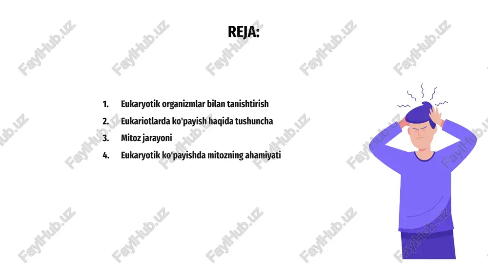adi. boshqa tomondan, meioz - bu xromosomalar sonining yarmiga ega gametalarni ishlab chiqaradigan hujayra bo'linishining maxsus turi. bu jinsiy yo'l bilan ko'payadigan organizmlarda genetik xilma-xillikni ta'minlaydi. eukaryotik ko'payishda mitozning ahamiyati mitoz va meioz - bu eukaryotik organizmlarning ko'payishida ishtirok etadigan ikkita jarayon. meyoz jinsiy hujayralarning shakllanishi uchun javobgar bo'lsa, mitoz organizmning o'sishi va rivojlanishida hal qiluvchi rol o'ynaydi. mitoz hujayra bo'linishi paytida genetik materialning to'g'ri takrorlanishini va qiz hujayralarga taqsimlanishini ta'minlaydi. bu jarayon organizmning genetik barqarorligini saqlash va hujayraning to'g'ri ishlashini ta'minlash uchun zarurdir. mitozning eukaryotik ko'payishdagi ahamiyati uning genetik jihatdan ota-ona hujayrasiga o'xshash bir xil qiz hujayralarni ishlab chiqarish qobiliyatidadir. bu turlarning uzluksizligini va keyingi avlodlarda genetik xususiyatlarning saqlanishini ta'minlaydi. mitoz fazalarini o'rganish mitoz eukaryotik organizmlarning ko'payishida hal qiluvchi jarayon bo'lib, genetik materialning ikkita qiz hujayraga aniq bo'linishini ta'minlaydi. mitoz fazalari profilaktika, metafaza, anafaza va telofazani o'z ichiga oladi, ularning har biri xromosomalarni ajratish va hujayra bo'linishida o'ziga xos …