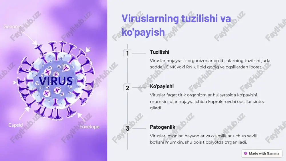 skanerlash zondli mikroskoplar qo'llaniladi. https://gamma.app/?utm_source=made-with-gamma sitologiya fani va uning o'rganish ob'ektlari hayvon hujayrasi sitologiya fani hayvon, o'simlik va prokariot hujayralari tuzilishi va funksiyalarini o'rganadi. o'simlik hujayrasi o'simlik hujayrasining tuzilishi va fiziologiyasi sitologiyada muhim o'rin tutadi. prokariot hujayrasi bakteriya va archealar kabi prokariot organizmlarning hujayra tuzilishi sitologiyada o'rganiladi. https://gamma.app/?utm_source=made-with-gamma tibbiyotda mikroskopik usullarni qo'llash 1 diagnostika mikroskopiya usullari turli kasalliklarni aniqlab, diagnostika qilishda qo'llaniladi. 2 terapiya mikroskopik kuzatishlar davolash usullarini belgilashga yordam beradi. 3 patogenez kasallik rivojlanish jarayonini o'rganishda mikroskopik usullardan foydalaniladi. https://gamma.app/?utm_source=made-with-gamma optik mikroskopiya usullarining qo'llanilishi klassik optik mikroskopiya turli tibbiy namunalarni kuzatish fazaviy kontrastli mikroskopiya shaffof narsalarni kuzatish elektrominorlinmikroskopiya yuksak detallikdagi mikroorganizmlarni kuzatish https://gamma.app/?utm_source=made-with-gamma tibbiyotda optik usullarning ahamiyati tashxis optik mikroskoplar patologlar va mikrobiotlar tomonidan turli kasalliklarni aniqlashda keng qo'llaniladi. tadqiqot yangi dori vositalarini yaratish va biologik jarayonlarni o'rganishda mikroskopiya usullaridan foydalaniladi. davolash mikroskoplardan keyingi jarrohlik amaliyotlarini amalga oshirishda ham foydalaniladi. https://gamma.app/?utm_source=made-with-gamma tibbiyotda optik mikroskopiya usullaridan foydalanishning istiqbollari tashxis qilish …