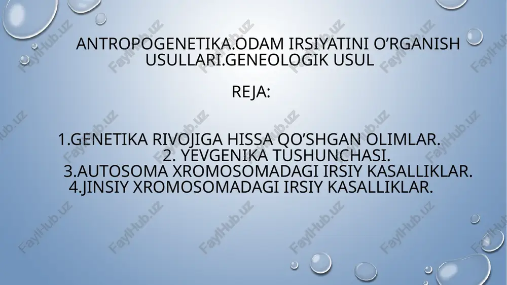 r shajarasini tuzishda quyidagilarni aniqlash mumkin: 1. o’rganilayotgan belgining irsiy yoki irsiy emasligi. 2.irsiy belgining nasldan naslga o’tish harakteri . 3.genning penetranligini. 4.genlarning xromosomada joylashganligini . avlodlar shajarasini tuzish 2 usulda boradi. avlodlar to’g’risida ma’lumot to’plash va uni tahlil qilish.1-bosqichda tekshirilayotgan oila a’zolarining barchasi,shu oilaning kamida 3-4 avlodi o’rganiladi.avlodlar shajarasini tuzish malakani talab qiladi. chunki hamma ham o’zidagi ma’lumotlarni aytavermaydi. avlodlar shajarasida dominant belgi yaqqol ko’zga tashlanadi.agar ota-onadan birida dominant belgi bo’lsa, bolalarida paydo bo’ladi. masalan,polidaktiliya oilada ota-onaning birida shu belgi bo’lsa,50% bolalar olti barmoqli bo’ladi. ayrim vaqtlarda dominant belgi to’liq yuzaga chiqmaydi. bunda sog’larga nisbatan kasal kishilar soni kamayadi. geterozigotali sog’lom ota-onadan 25%kasal bolalar tug’ilish ehtimoli mavjud.bunga misol qilub,fenilketonuriyani olish mumkin. ayrim irsiy kasalliklar jinsiy xromosomadagi o’zgarishlar oqibatida yuzaga keladi.bu kasalliklarning asosiysi x-da joylashgan dominant va retsessiv gen ta’siridir.belgi x-da joylashgan dominant gen asosida yuzaga chiqsa ,keyingi avlodda erkaklarda ham, ayollarda ham namoyon bo’ladi.masalan, gipofosfatomik raxit. x- da joylashgan …