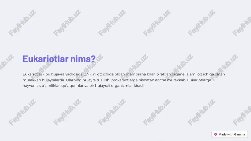 azda esa xromosomalarning dekondensatsiyasi, yadro membranalarining hosil bo'lishi va sitokinez jarayoni boshlanadi. https://gamma.app/?utm_source=made-with-gamma meyoz bo'linishi meyoz - bu jinsiy hujayralar (gametalar)ni hosil qilish jarayoni bo'lib, bu jarayonda ota-ona hujayrasidan to'rtta genetik jihatdan turli xil qiz hujayralar hosil bo'ladi. meyoz jinsiy ko'payishni ta'minlaydi, bu esa genetik xilma-xillikni oshirishga yordam beradi. https://gamma.app/?utm_source=made-with-gamma meyoz bo'linishining asosiy bosqichlari meyoz bo'linishi ikki bosqichda amalga oshiriladi: meyoz i va meyoz ii. meyoz i profaza i, metafaza i, anafaza i va telofaza i bosqichlaridan iborat. meyoz ii esa profaza ii, metafaza ii, anafaza ii va telofaza ii bosqichlaridan iborat. meyoz i bosqichida homolog xromosomalarning juftlashishi, krossingover va xromosomalarning ajralishi sodir bo'ladi. meyoz ii bosqichida esa qiz xromosomalarning ajralishi sodir bo'ladi. https://gamma.app/?utm_source=made-with-gamma eukariotlarda mitoz va meyoz bo'linishlarining farqlari xususiyat mitoz meyoz hujayralar soni 2 4 genetik tarkib bir xil turli xil homolog xromosomalarning juftlashishi yo'q ha krossingover yo'q ha mitoz va meyoz o'rtasida bir nechta muhim farqlar mavjud. …