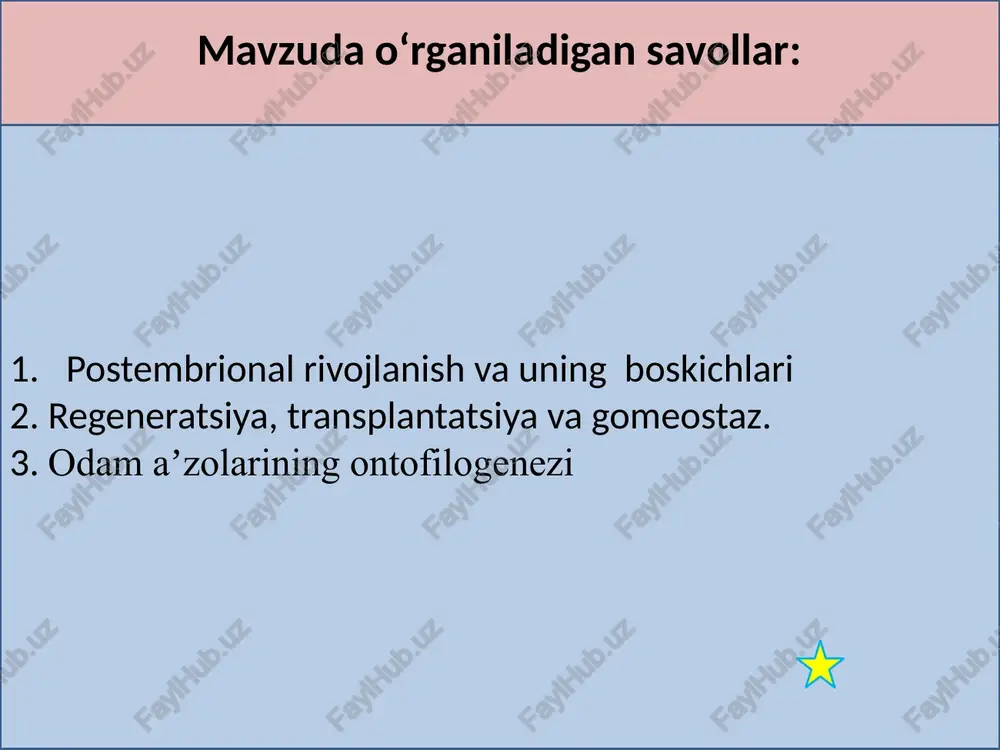 oni mitoxondriyadagi oksidlanish jarayonlarini jadallashtiradi qalqon orqa bezining paratgarmoni ca va p metobolizmni boshqaradi buyrak usti bezining aldosteron, kortikosteron va glyukokortikoid garmonlari dyurez, qon bosimi, minerallar va uglevodlar almashinuvini boshqaradi me’da osti bezining insulin va glyukagon garmoni uglevodlar almashinuvini boshqaradi urug’donning leydig hujayralrining testosteron garmoni ikkilamchi jinsiy belgilar rivojlanishini va spermatogenezning boshqarilishini ta’minlaydi tuxumdonning teka hujayralari ajratadigan estradiol, progesteron ovogenezni va ikkilamchi jinsiy belgilar paydo bo;lishini ta’minlaydi postembrional rivojlanishning genetik nazorati 1) reproduksiyagacha bo’lgan davrda gen nazorati irsiy material o’zgarishining quyidagi jarayonlar natijasida amalga oshiriladi: - replikatsiya mexanizmi hisobiga dnk sintezi maxsus genlar funksiyasining tanlab faollashishi hisobiga genlar faolligini garmonlar boshqarishi hisobiga ayollarning bitta x xromasomasida genlar guruhining repressiyasi hisobiga somatik hijayralar irsiy axborotlari asosida oqsillarning sintezi hisobiga 2) reproduktiv davrda: dnk va oqsillar sintezi genlarning tanlab faollashishi hisobiga davom ettiradi garmonlar boshqaruvi hisobiga ayollarning bitta x xromasomasida genlar guruhining repressiyasi hisobiga 3) postreproduktiv davrda: zararli mutatsiyalar yig’ilishi natijasida dnk …