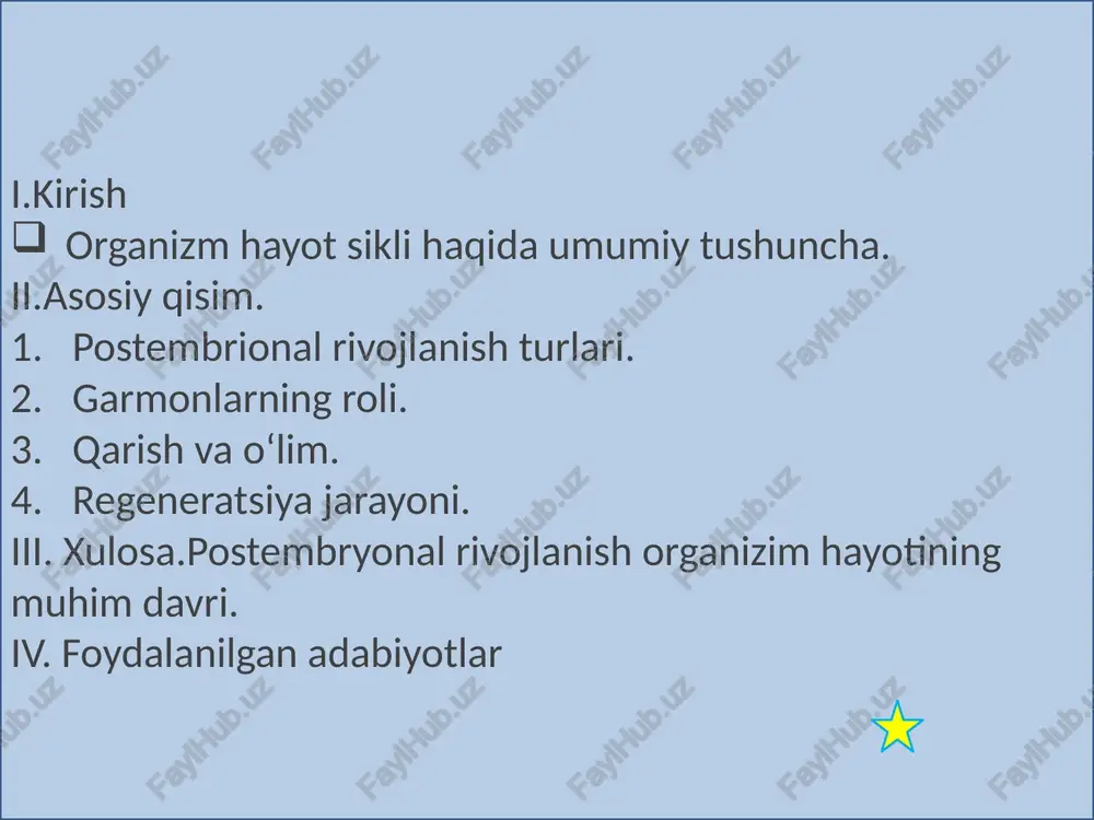 ar va yorug’lik kiradi a vitamin ko’rish o’tkirligiga va organizm o’sishiga; d vitamin ca va p almashinuviga; e vitamin gametogenezga; c vitamin organism o’sishi va qon tomir devorlarining mustahkamligiga; b1 va b6 vitaminlari nerv sistemasiga; b2 va pp vitaminlari teri va shilliq qavatlarning rivojlanishiga; b12 vitamin qon hosil bo’lishiga ta’sir ko’rsatadi 7 endogen omillarga o’sish jarayonlarini boshqaruvchi ichki sekretsya bezlari garmonlari kiradi: gipofizning somatotrop garmoni oqsil sinteziga ta’sir qiladi, hujayralarning ko’payishini va shu hisobiga o’sishni ta’minlaydi qalqonsimon bezi tiroksin garmoni mitoxondriyadagi oksidlanish jarayonlarini jadallashtiradi qalqon orqa bezining paratgarmoni ca va p metobolizmni boshqaradi buyrak usti bezining aldosteron, kortikosteron va glyukokortikoid garmonlari dyurez, qon bosimi, minerallar va uglevodlar almashinuvini boshqaradi me’da osti bezining insulin va glyukagon garmoni uglevodlar almashinuvini boshqaradi urug’donning leydig hujayralrining testosteron garmoni ikkilamchi jinsiy belgilar rivojlanishini va spermatogenezning boshqarilishini ta’minlaydi tuxumdonning teka hujayralari ajratadigan estradiol, progesteron ovogenezni va ikkilamchi jinsiy belgilar paydo bo;lishini ta’minlaydi postembrional rivojlanishning genetik nazorati …