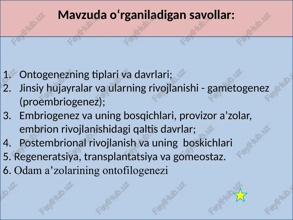 atnashish darajasiga qarab ontogenezning quyidagi davrlari mavjud: reproduksiyadan oldingi davr- bu davr definitiv fenotip rivojlanishi davri ham deyiladi va o‘z ichiga embrional rivojlanish va yuvenil ontogenezni oladi. reproduktiv yetuklik davri postreproduktiv— bu davr menopauzadan boshlanadi, bunda reproduktiv xususiyat susayib boradi proembrional davrda ontogenezning har xil bosqichlarini taʼminlovchi muhim jarayonlar kuzatiladi: sitoplazmada ooplazmatik segregasiya – moddalarning sitoplazmada tanlab tarqalishi yuzaga keladi, tuxum hujayra vegetativ va animal qutblarga ega boʻladi. genlar amplifikasiyasi—dnkning miqdor jihatdan oshishi, r-rnk va i-rnk ning tuxum hujayrada sintezi va zaxiralanishi r rnk genlari nusxasining son jihatidan oshishi, genomning alohida qismlaridagi tanlab koʻpayish; gametogenez- jinsiy hujayralarning hosil boʻlishi gametogenez gametogenez – spermatazoid va tuxum hujayralarning rivojlanishi bo‘lib , spermatogenez va ovogenezdan iborat. spermatogenez- spermatazoidlarning rivojlanishi bo‘lib urug‘donning egri kanalchalarida kechadi. bu kanalchalarning devori biriktiruvchi to‘qima asosidan va follekular(sertoli)hujayralari qatlamidan iborat. follekulyar botiqcha hosil qilib , unda spermatagenezning har xil bosqichidagi jinsiy hujayralar qat –qat bo‘lib joylashgan. spermatogenez – ko‘payish, …
