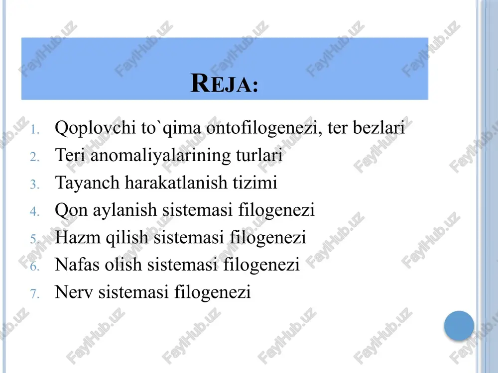 ikki embrional varaqdan ekto va mezodermadan rivojlanadi. ektodermadan epidermis, mezodermadan derma taraqqiy etadi. bosh skeletsizlarda terini shu ikki qavati kuchsiz darajada differentsiatsiyalangan bo‘ladi. epidermis - bir qavatli silindrsimon, bir qavatli shilimshiq bezlar ushlaydi. derma - g‘ovaksimon, biriktiruvchi to‘qima hujayralaridan iborat. lansetnikning teri qoplami juda nozik bo‘lib, uni tashkil etuvchi epiteliy bir qavat silindirsimon hujayralardan tuzilgan, uning tarkibida ayrim bez hujayralari ham uchrab turadi. chin teri yupga qo‘shuvchi to‘qimadan iborat. togʻayli baliqlarda tangachalari plakoidli deb nomlanadi. u tishsimon oʻsimta shaklida boʻlib, usti emal bilan qoplangan dentindan tashkil topgan. dentin mezodermadan rivojlanib, u tashqariga so’rg‘ich shaklida o‘sib chiqayotgan biriktiruvchi to‘qimali hujayralar faoliyati tufayli hosil bo‘ladi. plakoidli tangachalar shakllanishi: 1— emal hosil qiluvchi hujayralar; 2 — epidermis; 3 — emal; 4 — skleroblastlar - dentin hosil qiluvchilar; 5 — dentin; 6 — derma so‘rg‘ichlari. suyakli baliqlarda esa tangachalar suyakli plastinkalar koʻrinishida boʻlib, yupqa epidermis bilan qoplangan, tangacha to‘liq derma hisobiga rivojlanadi, lekin kelib …