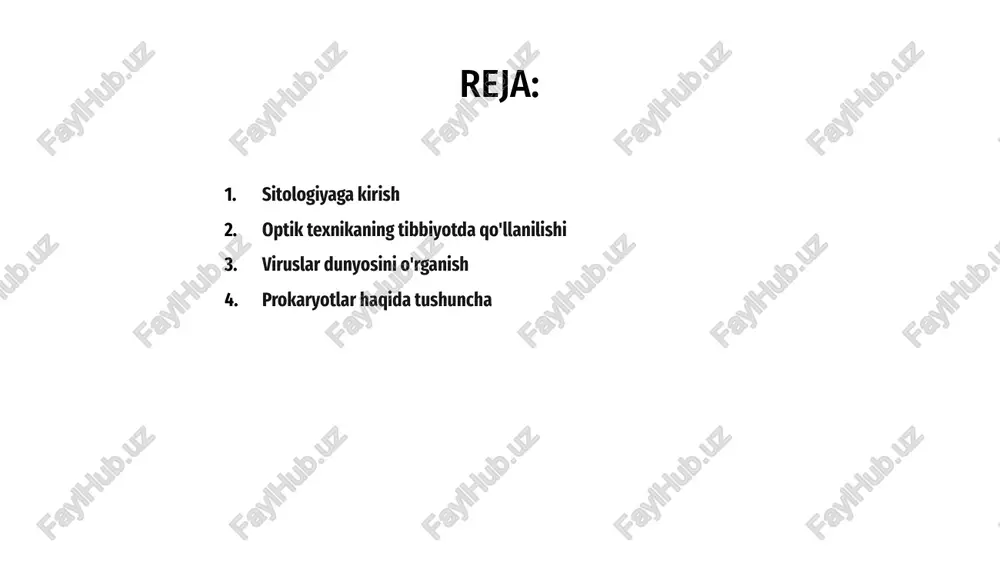 hi va bir qator kasalliklarni keltirib chiqarishi mumkin. viruslar va ularning hujayralar bilan o'zaro ta'sirini tushunish samarali davolash va vaktsinalarni ishlab chiqish uchun juda muhimdir. salavha tibbiyotda optik usullardan foydalanishni qo'llab-quvvatlashda sitologiya hal qiluvchi rol o'ynaydi. hujayralarni mikroskopik darajada o'rganish orqali biz kasallik jarayonlarini yaxshiroq tushunishimiz va diagnostikani yaxshilashimiz mumkin. 1 viruslar hayotning ta'rifiga shubha qiladigan noyob mavjudotlardir. ular oqsil qobig'i bilan o'ralgan genetik materialdan iborat va faqat xost hujayralari ichida ko'payish mumkin. 3 prokaryotlarda, masalan, bakteriyalarda aniq yadro va boshqa membrana bilan bog'langan organellalar yo'q. ularning tuzilishi va funktsiyalarini tushunish biologiya va tibbiyotning turli jabhalarida muhim ahamiyatga ega. 2 sitologiyada hujayra tuzilmalari a sitologiya, hujayralarni o'rganish, tibbiyotda optik usullardan foydalanishni qo'llab-quvvatlashda hal qiluvchi rol o'ynaydi. hujayra tuzilmalarini mikroskopik darajada tekshirib, sitologlar turli kasalliklarni tashxislash va davolashda yordam berishi mumkin. b viruslar texnik jihatdan tirik organizmlar hisoblanmasa ham, inson salomatligiga ta'siri tufayli sitologiyada muhim yo'nalish hisoblanadi. ularning tuzilishi va funktsiyasini …