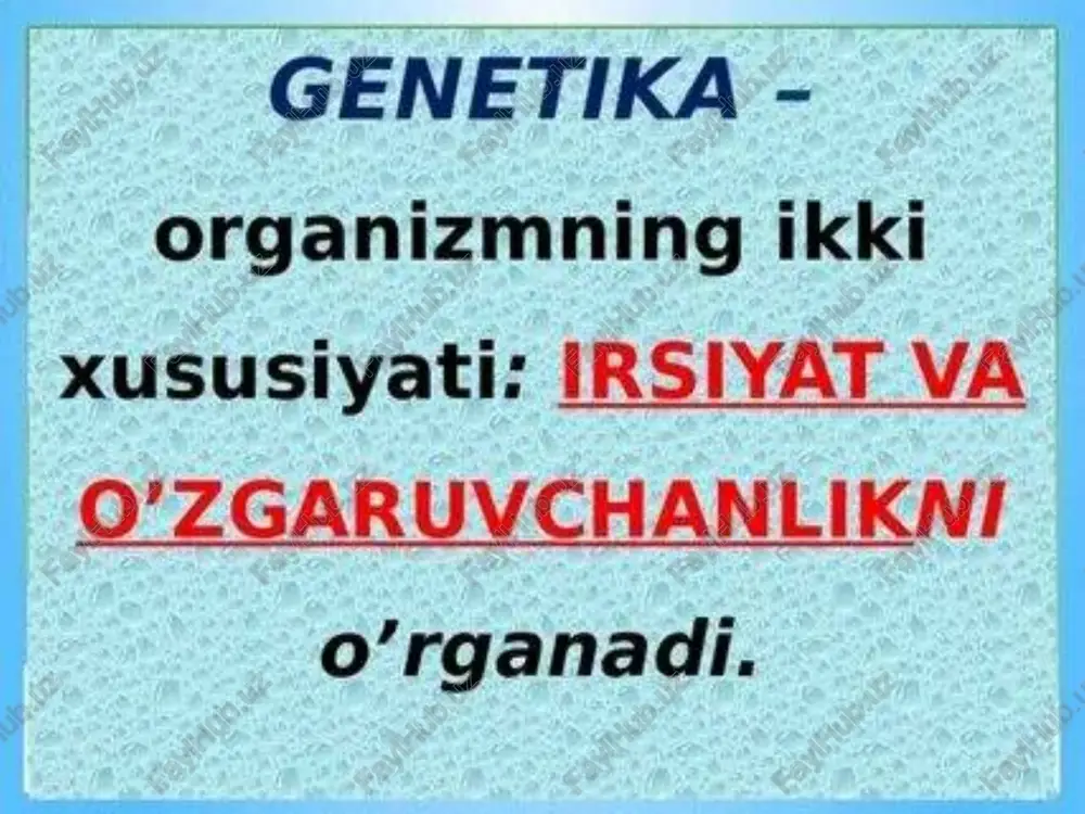 lgilarning irsiylanish qonuniyatlari: 1 - birinchi avlod duragaylarning bir xillik qonuniyati; 2 - ikkinchi avlod duragaylarida belgilarning ajralish qonuniyati; 3 - irsiy omillarning (genlarning) mustaqil taksimlanishi qonuniyati; mendelgacha ma'lum bo'lsa-da ular ilmiy asoslanmagan edi. mendel o'z tajribalarida irsiylanish qonuniyatlarini o'zining irsiyat qonuniyatlari asosida to'liq tushuntirib berdi. shuning uchun adabiyotlarda irsiylanish qonuniyatlari ham mendel qonuniyatlari deb yuritiladi. hozirgi kunda tibbiyotdagi ko'pgina jarayonlar (tibbiy-genetik maslahat, yosh bolalarning o'limiga qarshi kurash, odamlarda tug'ilishni boshqarish va boshqalar) odam populyatsiyalari genofondiga ta'sir ko'rsatmoqda. angliyada 1978-yili p. stentou va r. edvardslar probirkada tuxum hujayralarni urug'lantirib, shu urug'langan hujayrani uch kundan keyin ayol bachadoniga ko'chirib o'tkazdilar. oradan to'qqiz oy o'tgach onadan sog'lom qizaloq tug'ildi. hozirgi kunda faqat aqsh ning o'zida har yili 25 mingga yaqin farzandsiz ayollarni sun'iy urug'lantiriladi va ulardan 10 mingga yaqini farzandli bo'lmokda. buning uchun sog'lom erkaklardan urug' olinib, maxsus idishlarda saqlanadi. bu masalalar metodik tomondan yaxshi hal qilingan bo'lsada, uning etika masalalari echilgan …