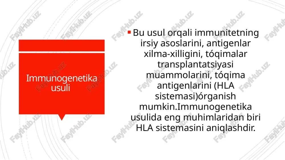lib kóp sonli shaxslarda teshirish ótkazishga asoslangan. buning uchun qulay, kóp harajat talab qilinmaydigan, tez natija beruvchi ekspress usullardan foydalaniladi (siydik, qon, sólak, va boshqalar tekshiriladi ). mikrobiologik testlar ham yaxshi natija beradi( masalan, ba’zi bakteriyalar sog’lom odamlarga qaraganda kasalning qonida, siydigida yaxshi rivojlanishi mumkin ). skrining tekshirishlar yordamida kóp sonli tekshirilganlar orasidan ma’lum kasallikka shubhali bólgan ayrim shaxslar ajratib olinadi. ikkinchi bosqich bu bosqichda tanlab olinganlarda shubha qilinayotgan kasallik bor yoki yóqligi aniqlanadi. bu bosqich maxsus laboratoriyalarda, murakkab tadqiqot usullari qóllanilib ótkaziladi. moddalar almashinuvi buzilishining asosiy sababi irsiy axborot tuzilishi ózgarishlaridir. natijada, oqsillar, fermentlar, lipidlar, uglevodlar tuzilishi, ularning faolligi ózgaradi, moddalar oxirigacha parchalanmaydi, organizm uchun zararli oraliq mahsulotlar hosil bóladi. e’tiboringiz uchun rahmat!!! image1.jpeg /docprops/thumbnail.jpeg