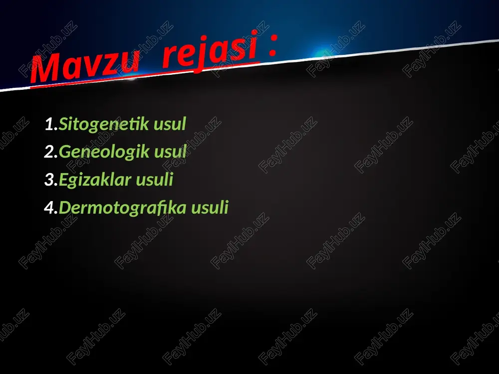 u yoki bu ruhiy xusu-siyatlari, jumladan, iste'dodning yuzaga chiqishi ijtimoiy muhitga bog'liq. ko'pgina kasalliklar resessiv holda nasldan-naslga o'tishi geneologik usul yordamida aniqlangan. misol: qandli diabet, tug'ma karlik, gemofiliya, shizofreniya (og'ir ruhiy kasallik) ba'zi formalari. faqat resessiv genlar bilan emas, balki dominant genlar bilan belgilana-digan irsiy kasalliklarni braxidaktiliya, ko'z shox pardasini ko'rlikka olib keladigan irsiy degeneratsiyasi, sil kasalligiga moyillik kabilar ham geneologik usul yordamida nasldan-naslga o'tishi aniqlangan. egizaklar usuli. egizaklar usuli belgilarining egizaklarda rivojlanib borishini o'rganishdan iborat. ma'lumki, odamda egizaklar ikki xil bo'ladi. ba'zi hollarda bir emas, balki ikkita (kamdan-kam hollarda uchta va hatto to'rtta) tuxum hujayra urug'lanadi. egizaklar bitta tuxum hujayradan va har xil tuxum hujayradan rivojlanadi. bitta tuxum hujayradan rivojlangan egizaklar bir jinsli va bir-biri-ga nihoyatda o'xshash bo'ladi. bu tushunarli albatta, chunki ular bir xildagi genotipgaegadir, ular o'rtasidagi tavofutlar esa faqat muhit ta'siriga bog'liq bo'ladi. har xil tuxumdan rivojlangan egizaklarda egizakmas aka-uka yoki opa-singillardek bir-biriga o'xshash bir xil yoki …