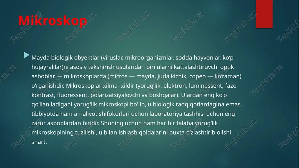 iafragma kondensorga burab o‘rnatilgan, u ftiayda plastinkalardan iborat, yonidagi maxsus klemma yordamida diafragma teshigini kengaytirish, toraytirish va yorug‘lik miqdorini o'zgartirish mumkin. mikroskopning optik qismiga okular va obyektivlar kiradi. okularlar ko‘rilayotgan obyektni 7x, lox, 15x, 20x marta katta qilib ko‘rsatadi (kattalashtirish darajasi okularlarda ko'rsatilgan bo‘ladi). okular naysimon shaklda bo'lib, uning ikki tomonida linzalar joylashgan. obyektivlar revolver sistemasidagi maxsus o‘rindiqlarga joylashgan. obyektivlar buyumni 8x, 40x, 60x, 90x marta katta qilib ko‘rsatadi. mikroskopning kattalashtirish qobiliyati uning ,,kuchi“ deyiladi. 0‘rganilayotgan buyum qancha kattalashtirilganligini bilish uchun obyektiv ko‘rsatkichini okular ko‘rsatkichiga ko'paytirish zarur (masalan 10x8 = 80, 10 x 40 = 400, 10 x 90 = 900 va hokazo). yorug‘lik mikroskopi bir-biridan 0,2 mkm yaqinlikdagi ikki buyumni ajrata oladi, odam ko'zining ajrata olish qobiliyati 0,1 mm, elektron mikroskopniki esa 5 a0 (1 angstrem = 10 7mm). mikroskop bilan ishlash tartibi mikroskop shtativi kuzatuvchi tomoniga qaratilib stol qirra- sidan kamida 5 sm ichkariga qo'ydadi. nur to‘plovchi ko‘zgu, …