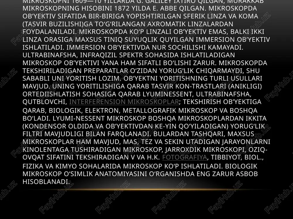 kroskopni ish joyiga ko’tarib borishda uni o’ng qo’l bilan shtativini to’tgichidan ushlab ko’tarib, chap qo’l oyoqi ostiga qo’yiladi. shu usulda bir joydan ikkinchi joyga (ishlash stoliga) ko’chiriladi. agarda mikroskop uzoq vaqt ishlatilmagan bo’lsa, uning barcha qismlari yumshoq gazlama (salfetka) bilan tozalanadi. tozalash uchun dag’al gazlama ishlatilsa, uning optik va yorituvchi qismlaridagi (kondensordagi) linzalar yuzasida tirnalgan chiziqlar paydo bo’ladi. bu esa mikroskopni qisqa vaqt ichida ishga yaroqsiz qilib qo’yadi. mikroskop bilan ish boshlovchi talaba qo’yidagi qoidalarga rioya qilishi kerak: 1. mikrokopni ish stoli ustiga shtativini o’zingiz tomonga qaratib qo’yib, uni chang va kirdan tozalab, chap yelka tomonga yaqin o’rnatiladi, chunki ishlovchi okulyarga har doim chap ko’z bilan qarashi kerak bo’ladi. 2. ko’zgu buyum stolchasi tagidagi maxsus joyga o’rnatiladi, kondensor buyum stolchasi tagiga yaqin kutariladi, diafragma teshikchasi kattalashtiriladi, revolverni aylantirib 8 raqamli obyektiv buyum stolchasi ustiga perpendikulyar (tik) qilib o’tkaziladi. obyektivni o’z joyiga tushganligiga ishonch hosil qilish uchun «tiq» etgan nozik tovush …