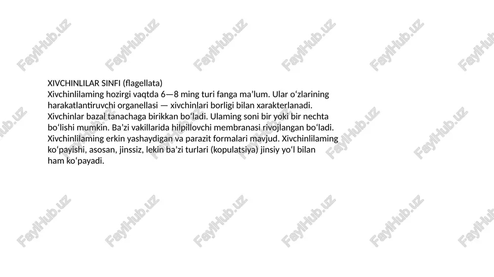 ishi, jigar va taloqning kattalashishi, kamqonlik, darmonsizlanish xarakterli bo‘lib, kasallik bir necha yil cho‘zilishi mumkin. 0 ‘ziga xos uyquga moyillik (meningoensefalit) va o‘lim bilan tugaydi. rhodesiense turida kasallikning yuqoridagi belgilari tez amalga oshadi. kasallik yuqqandan so‘ng 3—9 oy ichida uyquga moyillik boshlanadi. amerika tripanosomozida esa kasallik surunkali yoki jadal kechishi mumkin. leyshmaniya (leishmania) leyshmaniyalaming quyidagi turlari odamlarda parazitlik qiladi: 1. leishmania tropica — teri leyshmaniozini qo‘zg‘atuvchisi (5-rasm); 2. leishmania major — teri leyshmaniozini qo‘zg‘atuvchisi; 3. leishmania braziliensis — amerika teri leyshmaniozini qo‘zg‘atuvchisi; 4. leishmania donovani — visseral (ichki) leyshmaniozini qo‘zg‘atuvchisi (4-rasm); 5. leishmania infantum — 0 ‘rtayer dengizida ichki leyshmaniozini qo‘zg‘atuvchisi. leyshmaniyalar xivchinlilar ichida eng og‘ir va xavfli kasalliklami keltirib chiqaruvchi parazitlar hisoblanadi. ular bir qator umurtqali hayvonlar: baliqlar, reptiliyalar, sutemizuvchilar, shuningdek, odamlarda parazitlik qiladi. leyshmaniyalaming tarqatuvchisi qon so‘ruvchi ikki qanotli hasharotlar (phlebotomus) avlodining turlari hisoblanadi. odamlarda leyshmaniyaning asosan 2 xili: leishmania donovani va leishmania tropica turi uchraydi. shulardan leishmania …