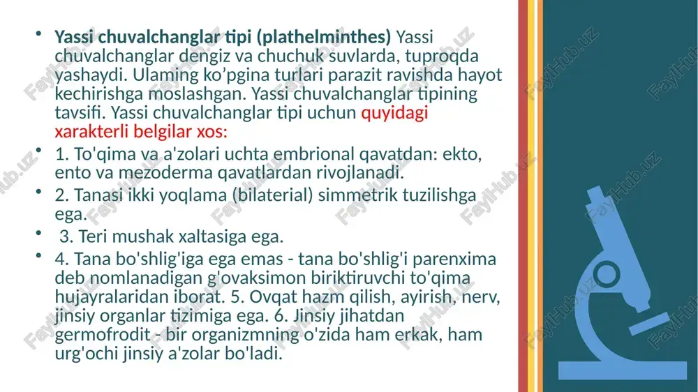 . tegumentning yuqori qatlamida mayda kutikulyar o'simtalar bo'lib, ular parazitning xo'jayin a'zolariga mustahkamroq yopishishiga yordam beradi. 8 ichki organlari teri-mushak xaltachada joylashgan. tana bo'shlig'i bo'lmaydi. parenxima yaxshi taraqqiy etgan. hazm tizimi og'izdan boshlanib, mushakli halqumgacha davom etadi. og'zi tananing oldingi qismida joylashgan bo'lib, og'iz so'rg'ichi bilan o'ralgan. halqum ingichka qizilo'ngachga o'tadi. o'rta ichak tananing ikki yonidan cho'zilib borgan ikkita shoxdan iborat. ichakning ikkala shoxining oxirgi qismi berk holda tugaydi, hazm bo'lmagan ozuqa moddalar yana og'iz orqali tashqariga chiqarilib yuboriladi. yirik so'rg'ichlilarda ichagi shoxlangan bo'ladi. siydik ajratish tizimi protonefridiy tipida. yirik ayiruv kanali bitta bo'lib, tanasining orqa qismida maxsus teshik hosil qilib, tashqariga ochiladi. asab tizimi bir juft nerv tugunlari va uch juft nerv ustunlaridan iborat, eng yiriklari - yon nerv ustunlaridir. asab ustunlari bir-biri bilan ko'ndalang nerv tolalari bilan birikadi. asab ustunlaridan periferik nervlar boshlanadi. sezgi organlari juda sust rivojlangan. jinsiy tizimi germafrodit tipda tuzilgan. taraqqiyot sikli xo'jayinlar almashtirish bilan …