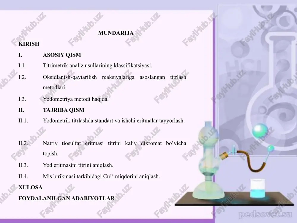 ik ) analiz. tortma (gravimetrik) analiz. sifat analizi gaz analizi titrimetrik analiz bajarilishi tezligi jihatidan gravimetrik analizga nisbatan katta afzalliklarga ega. hajmiy anlizda reaksiya mahsulotini tarozida tortish o’rniga, reaksiyada sarflangan va konsentratsiyasi aniq ma’lum bo’lgan reaktiv eritmasining hajmi o’lchanadi va shuning uchun aniqlash tez bo’ladi. bunda ekvivalent miqdorda reaksiyaga kirishayotgan moddalarning aniq hajmi o’lchanadi va ulardan birining ma’lum konsentratsiyasi asosida ikkinchisining noma’lum konsentratsiyasi aniqlanadi. titrlashni turli usullar yordamida amalga oshirish mumkin. to’g’ri, teskari va o’rin almashtirib titrlash usullari ma’lum. hajmiy (titrimetrik ) analizda turli kimyoviy reaksiyalar qo’laniladi. reaksiyaning turiga qarab titrimetri analiz usullari ham bir necha turga bo’linadi: kislota-asosli titrlash usuli. oksidlanish va qaytarilish usullari. kompleks hosil bo’lishiga asoslangan usul. titrlab cho’ktirish usullari. i.2. oksidlanish-qaytarilish reaksiyalariga asoslangan titrlash metodlari. titrimetrik analizning oksidlanish-qaytarilish metodlari oksidlanish-qaytarilish reaksiyalarini qo’llashga asoslangan.oksidlanish-qaytarilish metodining yana bir nomi (redoksimetriya) dir. bu metodda qo’llaniladigan metodlarining nomi,odatda,titrlangan ishchi eritmalarining nomidan kelib chiqadi. uning quyidagi turlari mavjud: 1.permanganatometriya- bu metod …