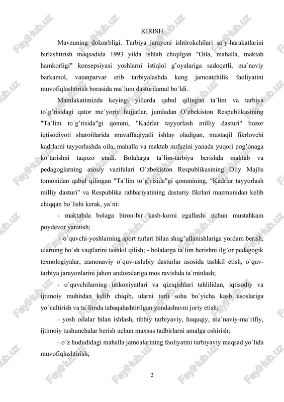 lib chiqib, ularni turli soha bo`yicha kasb asoslariga yo`naltirish va ta`limda tabaqalashtirilgan yondashuvni joriy etish; - yosh oilalar bilan ishlash, tibbiy tarbiyaviy, huquqiy, ma`naviy-ma`rifiy, ijtimoiy tushunchalar berish uchun maxsus tadbirlarni amalga oshirish; - o`z hududidagi mahalla jamoalarining faoliyatini tarbiyaviy maqsad yo`lida muvofiqlashtirish; - tarbiyasi "og’ir", qarovsiz qolgan bolalarning ota-onalari bilan ishlash, oilalarga pedagogik yordam berish; - bola tarbiyasi yaxshi yo`lga qo`yilgan oilalarni tegishli idoralar hamkorligida o`rganib, tajribalarini ommalashtirish; - o`qishni va ishlashni xohlamaydigan, bezorilik yo`liga kirib ketgan o`smirlarni hisobga olib, ularga tegishli tashkilotlar bilan birgalikda zarur choralar ko`rib, otaonalar yig’inlari da muhokama qilish; - tarbiya sub`ektlari bo`lmish huquqiy, tibbiy, ijodiy uyushmalar, yoshlar, tabiatni muhofaza qilish va "ekosan", "qizil yarim oy", barcha jamg’arma va jamoatchilik markazlari, ommaviy axborot vositalari, inson huquqlari bo`yicha milliy markazlar, kasaba uyushmalari, nodavlat tashkilotlari, ishlab chiqarish korxonalari, mahalliy boshqaruv idoralarining bola tarbiyasiga bo`lgan mas`uliyat va javobgarligini muvofiqlashtirish. kurs ishining obekti shaxsning oila muhiti asosida jamiyatda shakllanishi kurs …
