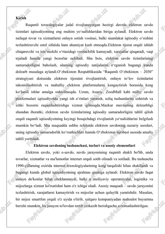 arining keng tarqalishi bilan shakllandi va bugungi kunda global iqtisodiyotning ajralmas qismiga aylandi. elektron savdo faqat onlayn do'konlar bilan cheklanmaydi, balki u moliyaviy operatsiyalar, logistika va mijozlarga xizmat ko'rsatishni ham o'z ichiga oladi. asosiy maqsadi – savdo jarayonini tezlashtirish, xarajatlarni kamaytirish va mijozlar uchun qulaylik yaratishdir. masalan, bir mijoz smartfon orqali o'z uyida o'tirib, xalqaro kompaniyadan mahsulot buyurtma berishi mumkin, bu jarayon to'lovdan tortib yetkazib berishgacha avtomatlashtirilgan. elektron savdoning turlari savdo ishtirokchilarining o'zaro munosabatlariga qarab farqlanadi. birinchi tur – biznesdan biznesga (b2b) savdo, bu yerda kompaniyalar bir-biriga tovarlar yoki xizmatlar yetkazib beradi. masalan, ishlab chiqaruvchi korxona xomashyo sotib olish uchun boshqa korxonaning veb-saytiga murojaat etadi. ikkinchi tur – biznesdan iste'molchiga (b2c) savdo, bu eng keng tarqalgan shakl bo'lib, kompaniyalar yakka tartibdagi mijozlarga tovar satib olish imkonini beradi. onlayn do'konlar, masalan, kiyim-kechak yoki elektronika sotuvchilari shu turga kiradi. uchinchi tur – iste'molchidan iste'molchiga (c2c) savdo, bu yerda shaxslar bir-biriga ishlatilgan yoki …