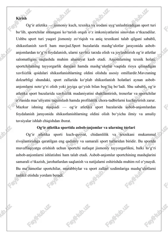 muhim rol o‘ynaydi. bu ma’lumotlar sportchilar, murabbiylar va sport zallari xodimlariga mashg‘ulotlarni tashkil etishda yordam beradi. og‘ir atletikada qo‘llaniladigan asosiy asbob-anjomlar (shtanga, disk, turnik, dastgohlar) og‘ir atletika sportida asbob-anjomlarning asosiy guruhi sportchining mushaklarini rivojlantirish, kuch-quvvatni oshirish va texnik harakatlarni takomillashtirishga xizmat qiladi. bu guruhga shtanga, disklar, turnik va dastgohlar kiradi. har bir asbob o‘ziga xos vazifani bajaradi va mashqlarning turiga qarab tanlanadi.shtanga og‘ir atletikaning asosiy va eng ko‘p qo‘llaniladigan asbobidir. u ikki qo‘l bilan ushlab olinadigan, ikki uchida disklar joylashtiriladigan metall cholg‘u shaklida bo‘ladi. shtanga yordamida sportchilar ko‘tarish, surish va tortish harakatlarini bajaradi. masalan, klassik mashqlarda shtanga orqa mushaklarini, ko‘krak qafasini va oyoq-qo‘llarni rivojlantirish uchun ishlatiladi. shtanganing uzunligi odatda 2,2 metr atrofida bo‘lib, vazni 20 kilogrammdan boshlanadi. ularning markaziy qismi qo‘l uchun mo‘ljallangan tutqichlar bilan jihozlangan bo‘lib, bu sportchiga qulay ushlab turish imkonini beradi. shtanga nafaqat professional musobaqalarda, balki boshlang‘ich mashqlarda ham qo‘llaniladi, chunki uning yordamida yuklama bosqichma-bosqich oshiriladi.disklar, yoki …