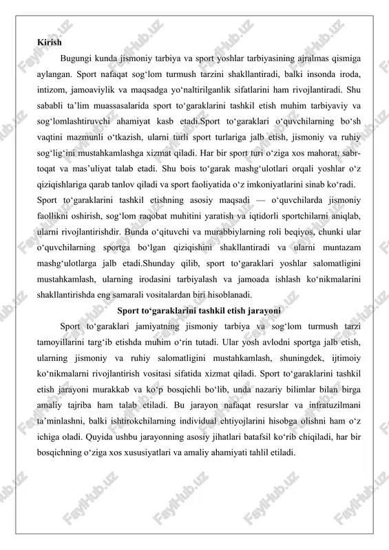 va ko‘p bosqichli bo‘lib, unda nazariy bilimlar bilan birga amaliy tajriba ham talab etiladi. bu jarayon nafaqat resurslar va infratuzilmani ta’minlashni, balki ishtirokchilarning individual ehtiyojlarini hisobga olishni ham o‘z ichiga oladi. quyida ushbu jarayonning asosiy jihatlari batafsil ko‘rib chiqiladi, har bir bosqichning o‘ziga xos xususiyatlari va amaliy ahamiyati tahlil etiladi. sport to‘garagini tashkil etish uchun zarur shart-sharoitlar sport to‘garagini tashkil etishning birinchi bosqichi zarur shart-sharoitlarni yaratishdan iboratdir. bu jarayonning asosiy maqsadi – ishonchli va samarali faoliyat uchun zamin tayyorlashdir. avvalo, huquqiy asoslarni ta’minlash lozim. o‘zbekiston respublikasida sport to‘garaklari ta’lim tizimiga kiruvchi muassasalar yoki jamoat tashkilotlari doirasida tashkil etilishi mumkin. masalan, maktablar, kollejlar yoki mahalla jamoat markazlarida to‘garak ochish uchun tegishli hujjatlar, jumladan, ta’lim boshqarmasi yoki mahalla qo‘mitasi ruxsati talab etiladi. bu hujjatlar to‘garakning maqsadlari, ishtirokchilar soni va faoliyat muddatini belgilaydi, shu bilan birga xavfsizlik standartlariga rioya qilishni kafolatlaydi.ikkinchidan, material-texnik bazani yaratish muhimdir. to‘garak joylashishi uchun mos xonalar tanlash kerak: masalan, …