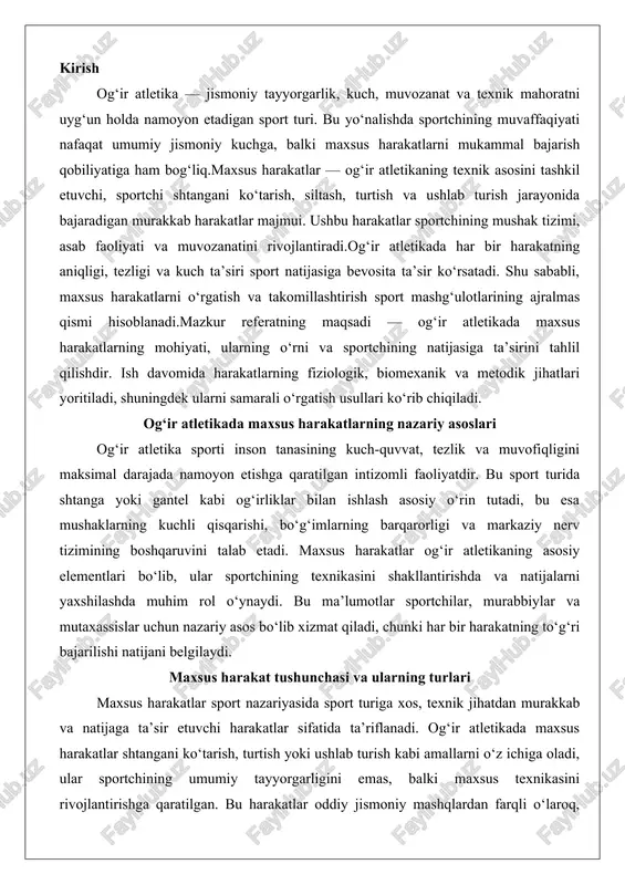 tning to‘g‘ri bajarilishi natijani belgilaydi. maxsus harakat tushunchasi va ularning turlari maxsus harakatlar sport nazariyasida sport turiga xos, texnik jihatdan murakkab va natijaga ta’sir etuvchi harakatlar sifatida ta’riflanadi. og‘ir atletikada maxsus harakatlar shtangani ko‘tarish, turtish yoki ushlab turish kabi amallarni o‘z ichiga oladi, ular sportchining umumiy tayyorgarligini emas, balki maxsus texnikasini rivojlantirishga qaratilgan. bu harakatlar oddiy jismoniy mashqlardan farqli o‘laroq, yuqori darajadidagi muvofiqlik, kuch va tezlikni talab etadi. masalan, maxsus harakatlarning asosiy xususiyati – bu harakatning fazalarga bo‘linishi: tayyorgarlik fazasi, asosiy harakat fazasi va barqarorlik fazasi. tayyorgarlik fazasida sportchi og‘irlikni to‘g‘ri ushlab, tana holatini sozlaydi; asosiy fazada kuchli qisqarish yuz beradi; barqarorlik fazasida esa og‘irlikni ushlab turish ta’minlanadi.maxsus harakatlarning turlari sportning maqsadiga qarab farqlanadi. birinchi tur – kuchga asoslangan harakatlar, masalan, shtangani pastdan yuqoriga ko‘tarish, bu yerda mushaklarning izometrik va izotonik qisqarishi ustunlik qiladi. ikkinchi tur – tezlikka yo‘naltirilgan harakatlar, unda og‘irlikni tez surish yoki turtish orqali impuls hosil qilinadi. …