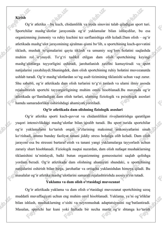 g ahamiyati shundaki, u sportchining natijalarini oshirish bilan birga, jarohatlar va ortiqcha yuklanishdan himoya qiladi. bu masalalar ogʻir atletika mashgʻulotlarini samarali rejalashtirishda asosiy oʻrin tutadi. yuklama va dam olish oʻrtasidagi muvozanat ogʻir atletikada yuklama va dam olish oʻrtasidagi muvozanat sportchining uzoq muddatli muvaffaqiyati uchun eng muhim omil hisoblanadi. yuklama, yaʼni ogʻirliklar bilan ishlash, mushaklarning oʻsishi va neyromushak adaptatsiyasini ragʻbatlantiradi. masalan, sportchi har kuni yoki haftada bir necha marta ogʻir shtanga koʻtarish mashqlarini bajaradi, bu esa mushak tolalarida mikroshikastlanishlarga olib keladi. bu shikastlanishlar superkompensatsiya jarayonini boshlaydi, yaʼni tana tiklanish davrida mushaklarni oldingi holatidan kuchliroq qiladi. ammo agar yuklama dam olishdan ustun kelsa, bu holat ortiqcha yuklanish sindromiga aylanishi mumkin, natijada charchoq, natijalarning pasayishi va hatto jarohatlar paydo boʻladi.yuklama va dam olish muvozanatini taʼminlash uchun mashgʻulotlar tsikllari rejalashtiriladi. mikrotsikl darajasida, yaʼni bir haftalik dasturda, sportchi odatda 3-5 kun yuklamali mashgʻulotlar oʻtkazadi va qolgan kunlarni dam olishga ajratadi. masalan, dushanba, chorshanba va juma …