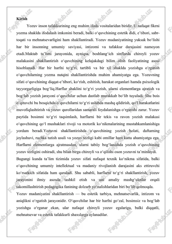 oyli va o‘qilishi oson yozuvni ta’minlaydi. bugungi kunda ta’lim tizimida yozuv sifati nafaqat texnik ko‘nikma sifatida, balki o‘quvchining umumiy intellektual va madaniy rivojlanish darajasini aks ettiruvchi ko‘rsatkich sifatida ham qaraladi. shu sababli, harflarni to‘g‘ri shakllantirish, yozuv jarayonini ilmiy asosda tashkil etish va uni amaliy mashg‘ulotlar orqali takomillashtirish pedagogika fanining dolzarb yo‘nalishlaridan biri bo‘lib qolmoqda. yozuv madaniyatini shakllantirish — bu estetik tarbiya, mehnatsevarlik, intizom va aniqlikni o‘rgatish jarayonidir. o‘quvchilar har bir harfni go‘zal, bosimsiz va bog‘lab yozishga o‘rganar ekan, ular nafaqat chiroyli yozuv egalariga, balki diqqatli, mehnatsevar va estetik tafakkurli shaxslarga aylanadilar. yozuv sifatini shakllantirishning asosiy yo‘nalishlari yozuv sifatini shakllantirish bolalarning ta’lim jarayonida muhim o‘rin tutadi, chunki u nafaqat grafik ko‘nikmalarni rivojlantiradi, balki ularning umumiy intellektual va motor rivojlanishiga ham hissa qo‘shadi. boshlang‘ich ta’lim bosqichida yozuvga o‘rgatish orqali o‘quvchilar o‘z fikrlarini yozma shaklda ifodalashni o‘rganadilar, bu esa kelgusida o‘qish va yozish jarayonlarini soddalashtiradi. ushbu bobda yozuv malakasini shakllantirishning asosiy yo‘nalishlarini ko‘rib …