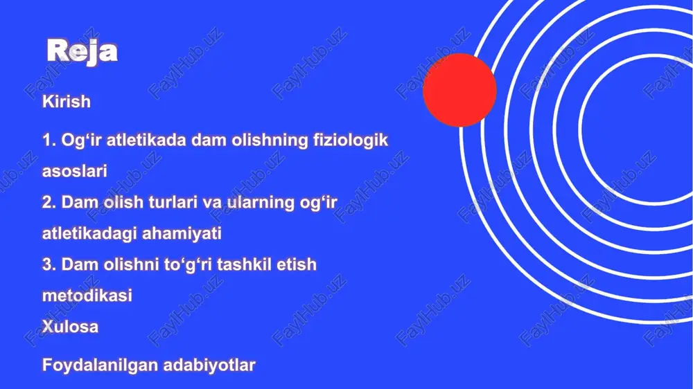 ng muhim omil hisoblanadi. yuklama, yaʼni ogʻirliklar bilan ishlash, mushaklarning oʻsishi va neyromushak adaptatsiyasini ragʻbatlantiradi. masalan, sportchi har kuni yoki haftada bir necha marta ogʻir shtanga koʻtarish mashqlarini bajaradi, bu esa mushak tolalarida mikroshikastlanishlarga olib keladi. bu shikastlanishlar superkompensatsiya jarayonini boshlaydi, yaʼni tana tiklanish davrida mushaklarni oldingi holatidan kuchliroq qiladi. ammo agar yuklama dam olishdan ustun kelsa, bu holat ortiqcha yuklanish sindromiga aylanishi mumkin, natijada charchoq, natijalarning pasayishi va hatto jarohatlar paydo boʻladi.yuklama va dam olish muvozanatini taʼminlash uchun mashgʻulotlar tsikllari rejalashtiriladi. 6 dam olish turlari va ularning og‘ir atletikadagi ahamiyati og‘ir atletika sporti yuqori intensivlikdagi yuklamalarga asoslangan bo‘lib, mushaklarning kuch-quvvatini oshirish, chidamlilikni rivojlantirish va texnikani takomillashtirishga qaratilgan. biroq, bu sport turida muvaffaqiyatga erishish faqat mashqlarning sifati bilan cheklanmaydi. dam olish jarayonlari sportchining umumiy natijalariga bevosita ta’sir ko‘rsatadi, chunki ular tananing tiklanishini ta’minlaydi, jarohatlardan himoya qiladi va motivatsiyani saqlab qoladi. 7 passiv dam olish turlari (uyqu, massaj, sauna, fizioterapiya) passiv …