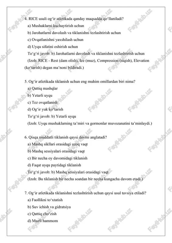a kungacha davom etadi.) 7. ogʻir atletikada tiklanishni tezlashtirish uchun qaysi usul tavsiya etiladi? a) faollikni toʻxtatish b) suv ichish va gidratsiya c) qattiq choʻzish d) muzli hammom toʻgʻri javob: b) suv ichish va gidratsiya (izoh: suv mushaklarning tiklanishini qoʻllab-quvvatlaydi va charchoqni oldini oladi.) 8. passiv tiklanishning asosiy usuli nima? a) engil yoga mashqlari b) toʻliq dam olish va harakatsizlik c) velosiped haydash d) massaj toʻgʻri javob: b) toʻliq dam olish va harakatsizlik (izoh: passiv tiklanish mushaklarni toʻliq dam olishga imkon beradi.) 9. ogʻir atletikada ovqatlanish tiklanishga qanday taʼsir qiladi? a) hech qanday taʼsir qilmaydi b) protein va uglevodlar mushak taʼmirini tezlashtiradi c) faqat suv ichish yetarli d) ogʻir ovqatlar tiklanishni sekinlashtiradi toʻgʻri javob: b) protein va uglevodlar mushak taʼmirini tezlashtiradi (izoh: toʻgʻri ovqatlanish energiya tiklanishini taʼminlaydi.) 10. uzun muddatli tiklanish qaysi davrni qamrab oladi? a) mashq ichidagi takrorlashlar orasidagi vaqt b) mashq sikllari orasidagi uzoq muddat (haftalar yoki oylar) …