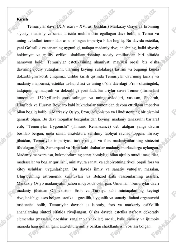 mlarning asarlari, markaziy osiyo madaniyatini jahon miqyosida oshirgan. umuman, temuriylar davri madaniy jihatdan o’zbekiston, eron va turkiya kabi mintaqalarning keyingi rivojlanishiga asos bolgan. stetika – gozallik, uygunlik va sanatiy ifodani organuvchi tushuncha bolib, temuriylar davrida u islomiy, fors va markaziy osiyo’lik ananalarning sintezi sifatida rivojlangan. o’sha davrda estetika nafaqat dekorativ elementlar (masalan, naqshlar, ranglar va shakllar) orqali, balki siyosiy va ijtimoiy manoda ham qollanilgan: arxitektura milliy ozlikni shakllantirish vositasi bolgan. temuriylar davri madaniy taraqqiyoti temuriylar davri madaniy taraqqiyoti o’rta osiyo tarixidagi eng yorqin sahifalardan biridir. bu davrda mongollar istilosidan keyingi vayronaliklar o’rniga yangi madaniy uygonish yuz berdi, bu "temuriylar uygonishi" deb nomlanadi. madaniy taraqqiyotning asosiy xususiyati – turkiy, mogul va fors madaniyatlarining uygunlashuvi bolib, bu imperiyaning keng geografiyasi va etnik xilma-xilligi bilan bogliq. temuriylar davrida ilm-fan va sanat nafaqat qollab-quvvatlandi, balki davlat siyosatining muhim qismi sifatida korildi. bu taraqqiyotning natijasida samarqand va hirot kabi shaharlar madaniy markazlarga aylandi, ularda memorchilik, …